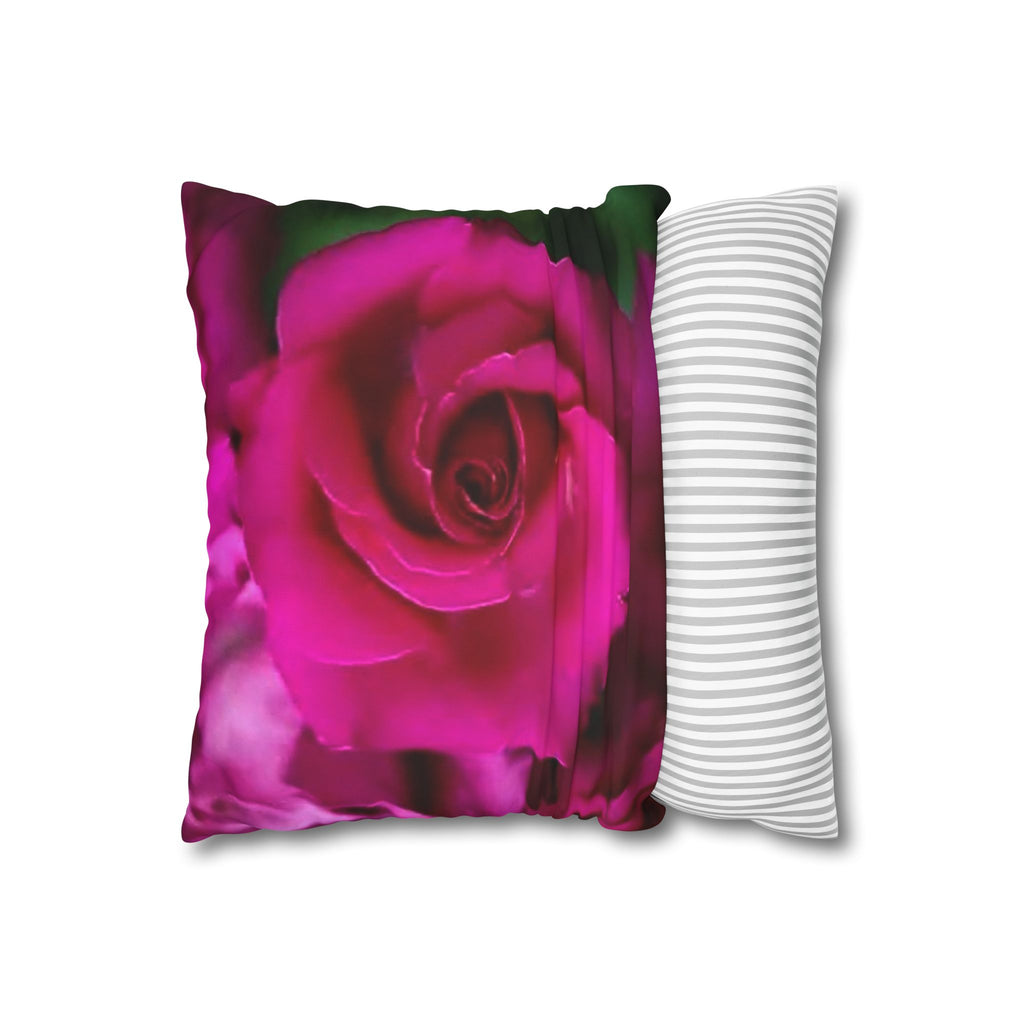 Pink Rose Floral Pillowcase — Square Poly Canvas Decorative Throw Pillow