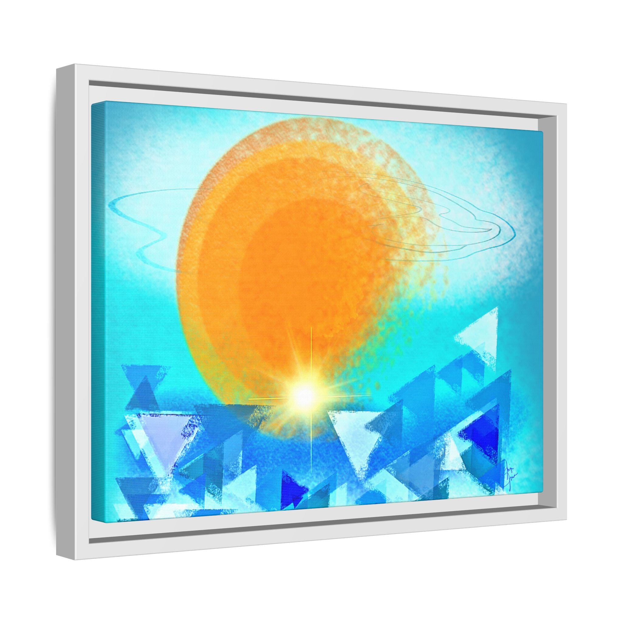 Abstract Sunrise Framed Canvas Art – Orange Sun Over Blue Geometric Waves