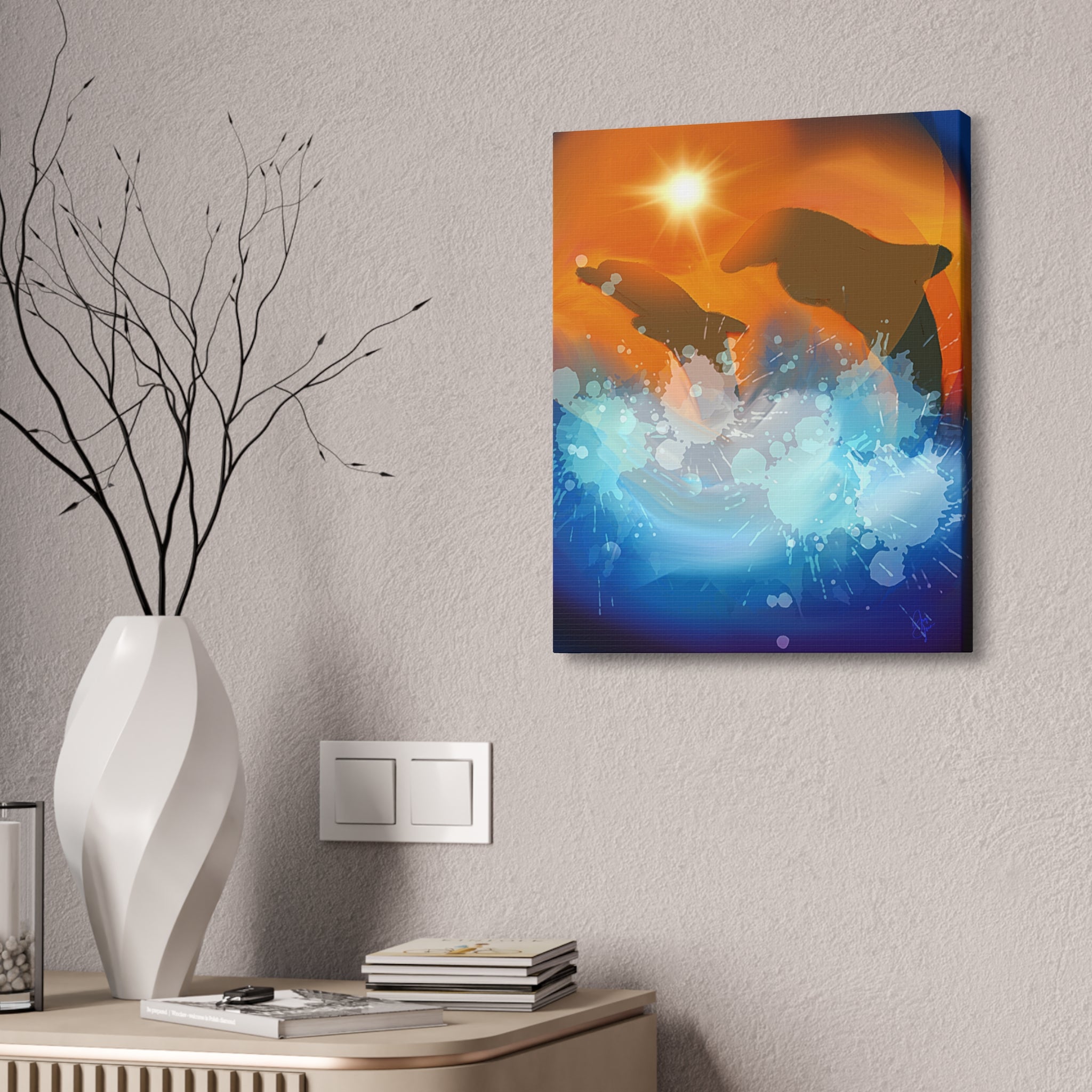 Sunset Dolphin Canvas Wall Art — Vibrant Ocean Sunset Stretch Canvas