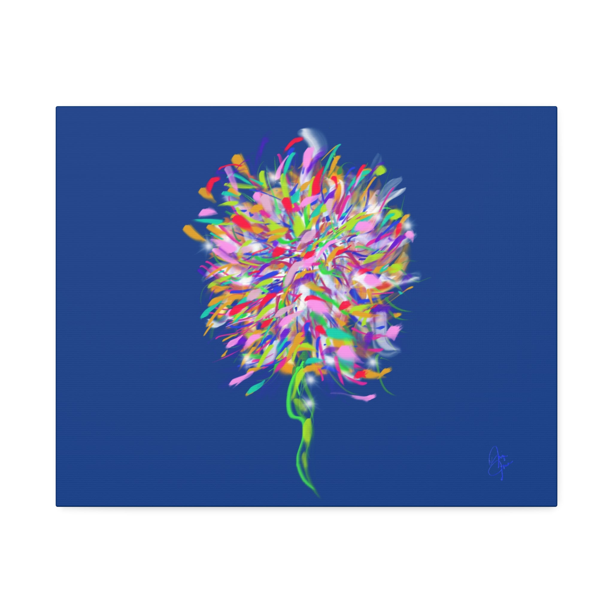 Abstract Floral Burst Canvas Print — Colorful Flower Wall Art on Deep Blue