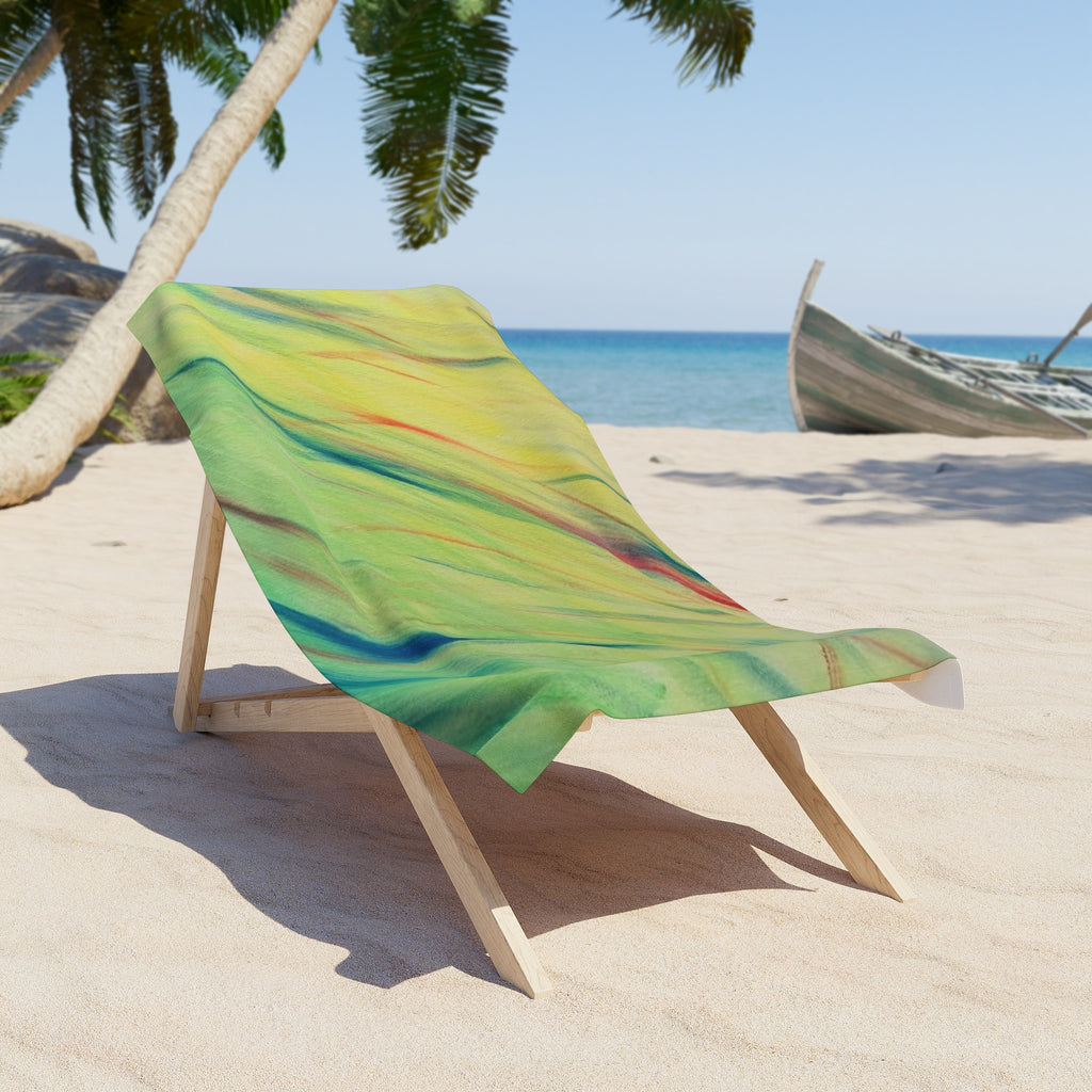 Abstract Tropical Wave Beach Towel — Yellow Green Swirl Design