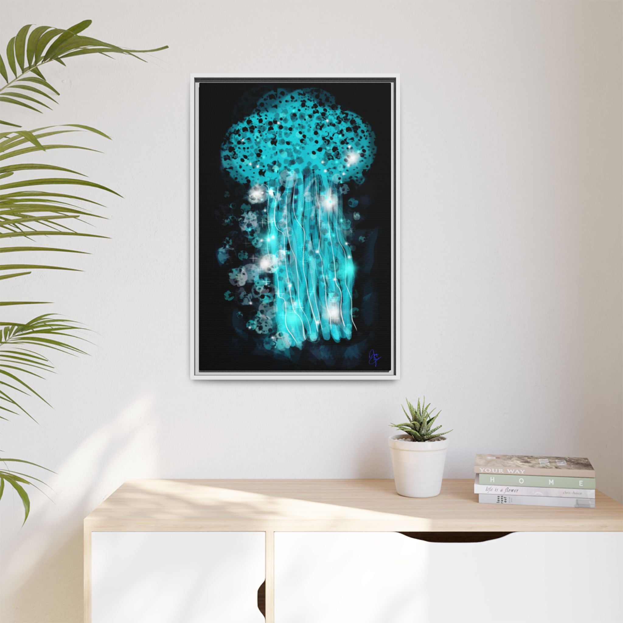 Glowing Jellyfish Art Print — Framed Matte Canvas