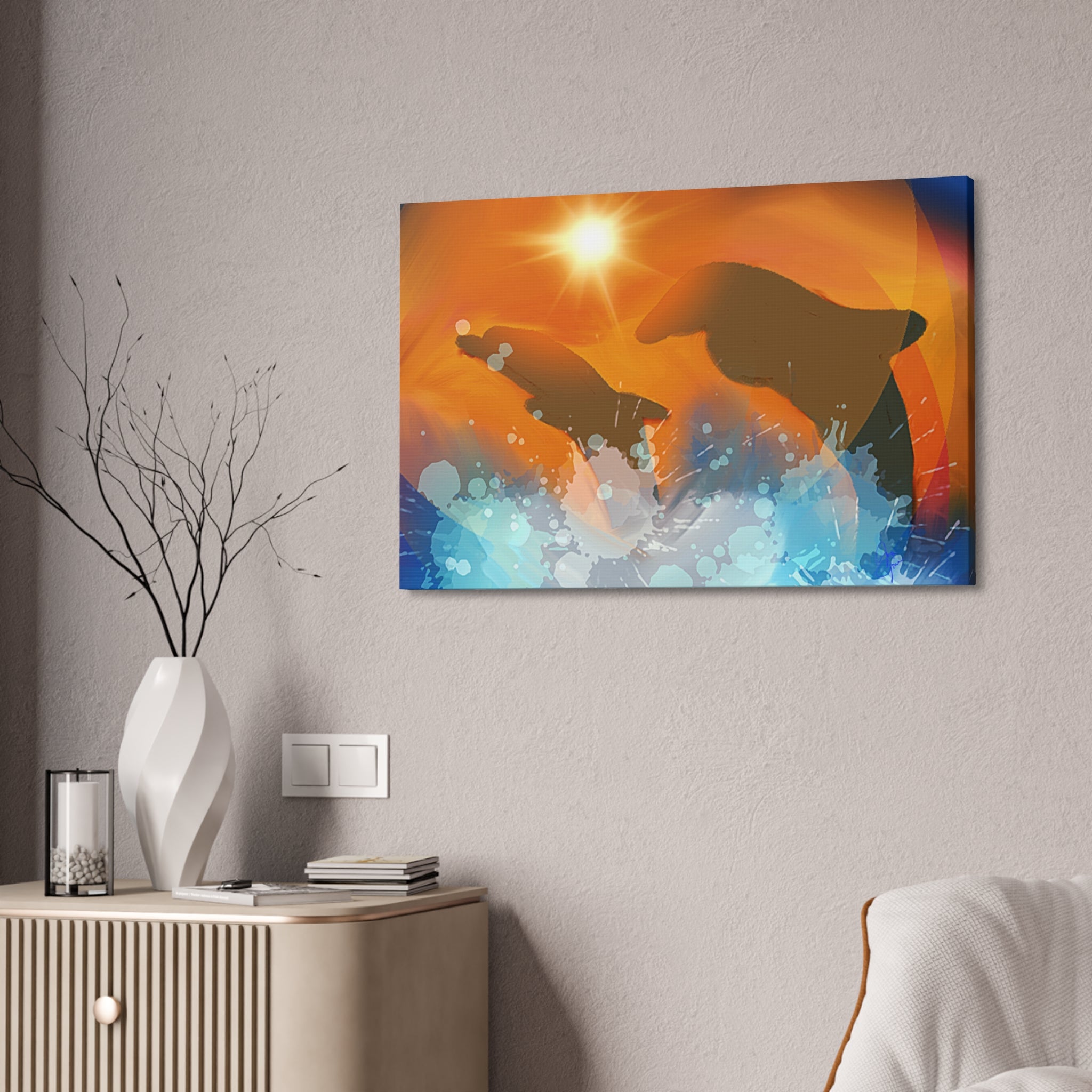 Sunset Dolphin Canvas Wall Art — Vibrant Ocean Sunset Stretch Canvas