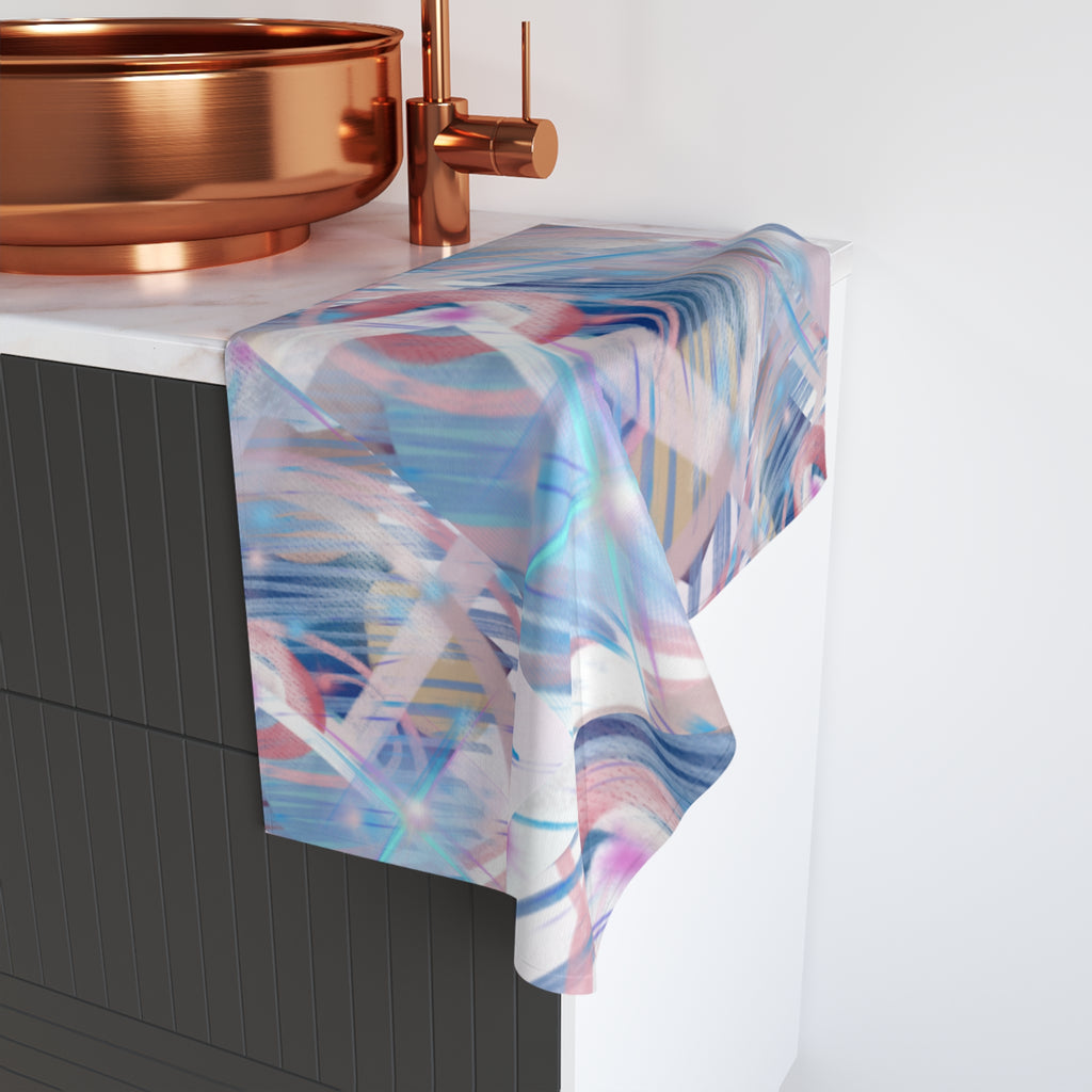 Abstract Pastel Geometric Hand Towel — Soft Blue & Pink Decorative Kitchen Towel