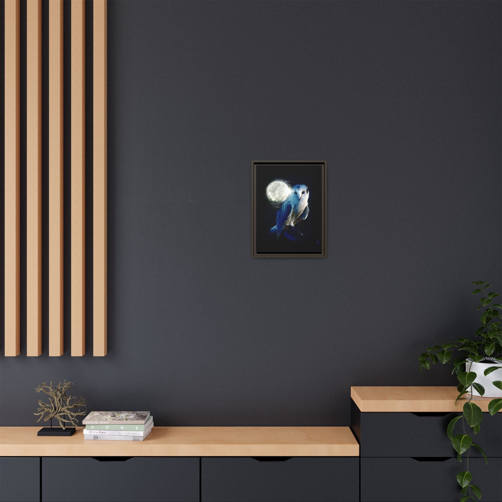Moonlight Owl Matte Framed Canvas — Mystical Blue Owl Wall Art