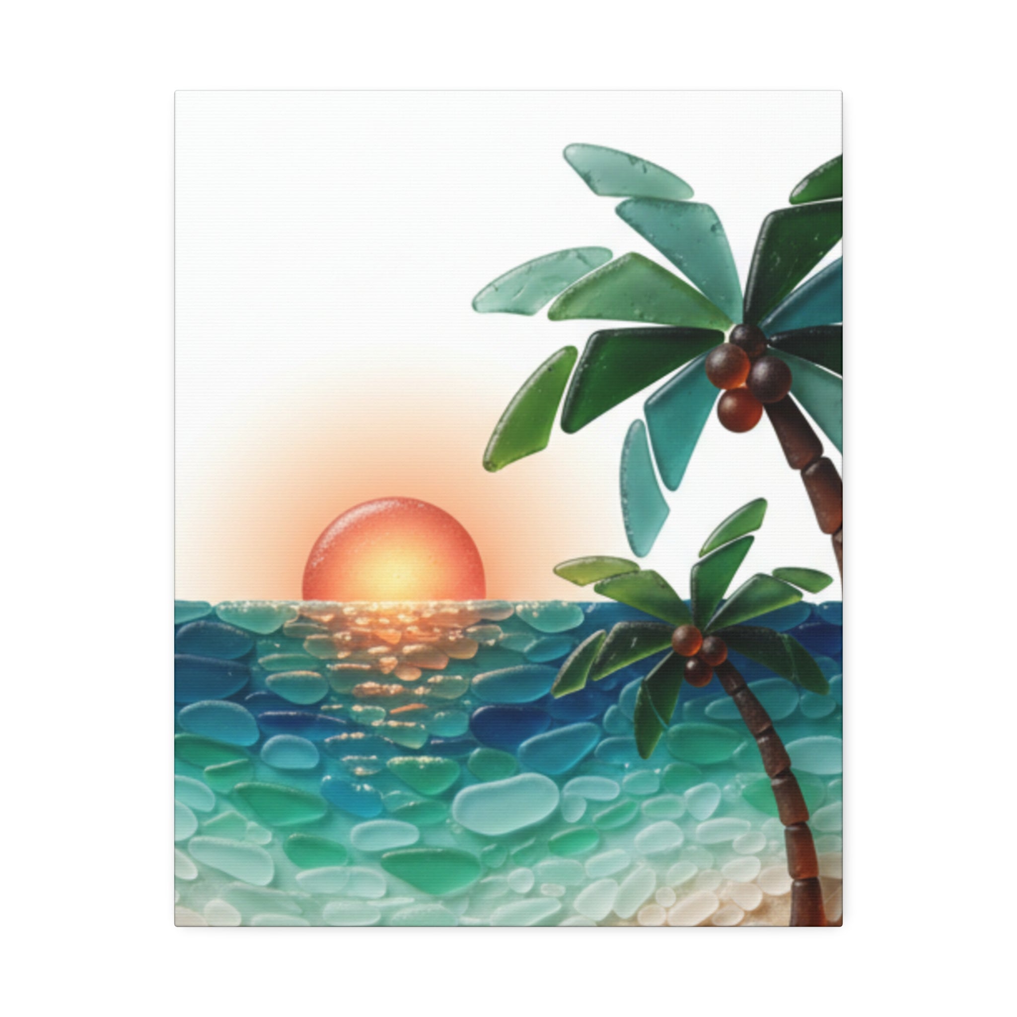 Tropical Sunset Canvas Wall Art — Palm Tree Beach Seascape Stretched Canvas