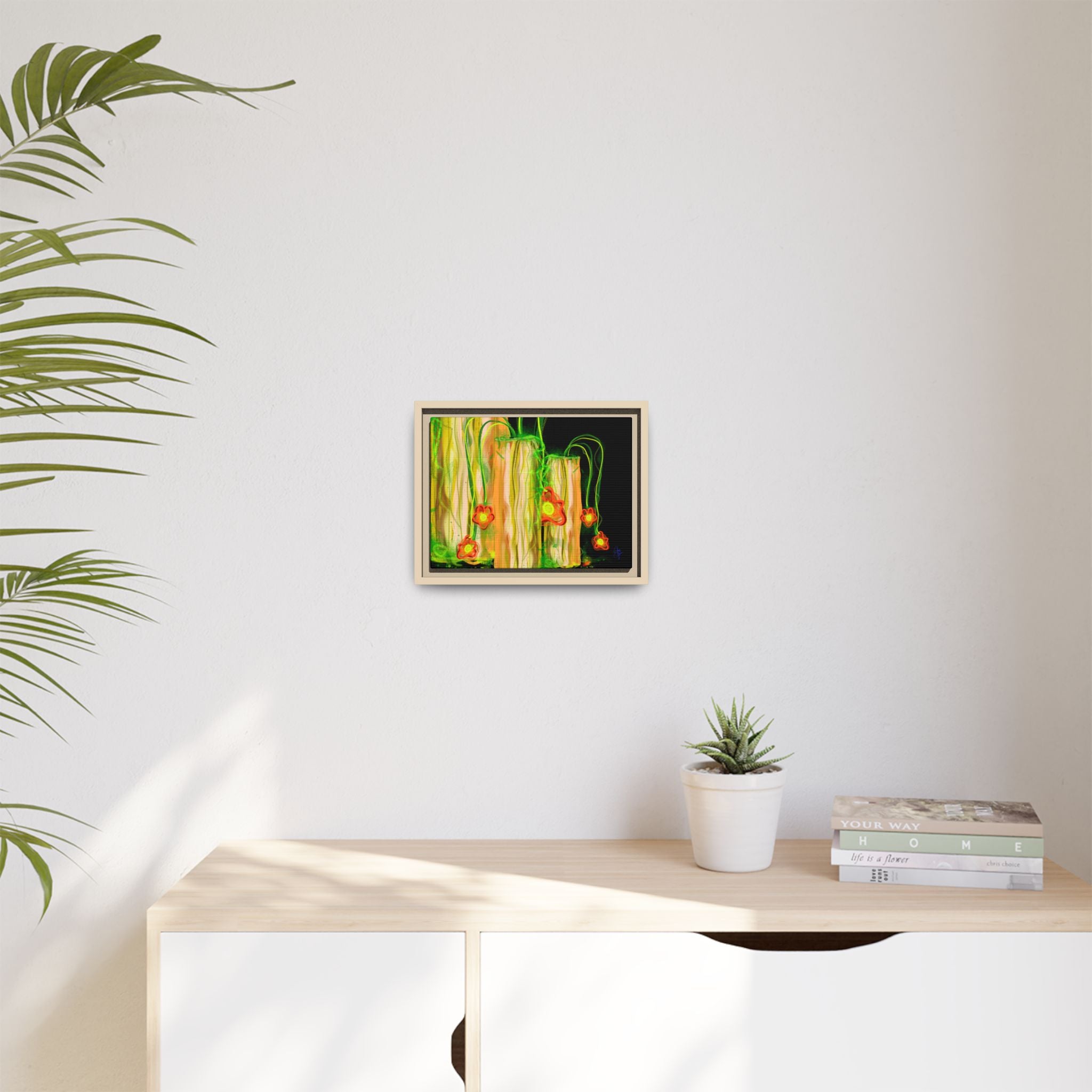 Framed Matte Canvas Print — Neon Floral Candlelight Art