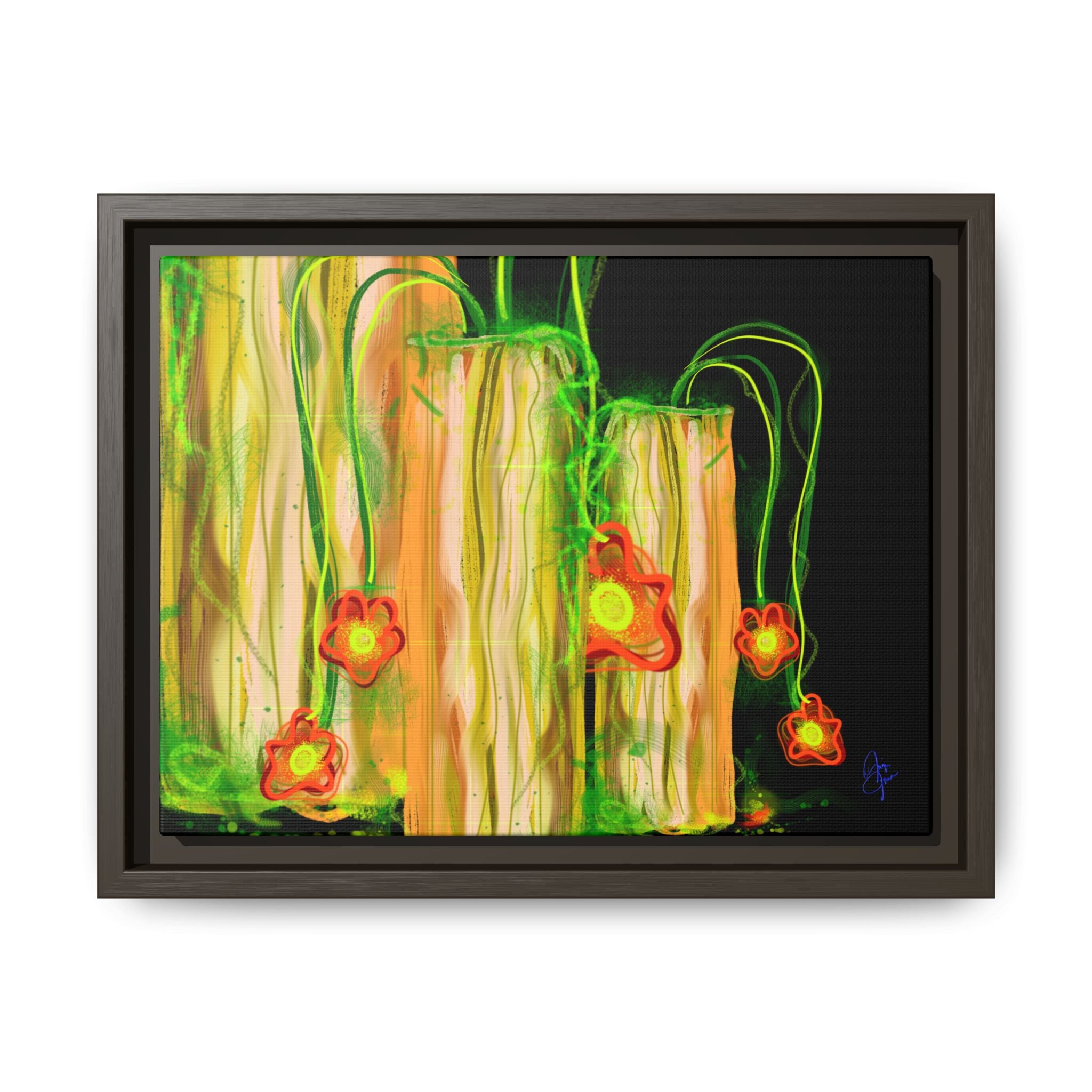 Framed Matte Canvas Print — Neon Floral Candlelight Art