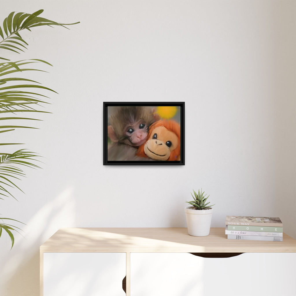 Framed Matte Canvas Print — Baby Monkey & Plush Orangutan Wall Art