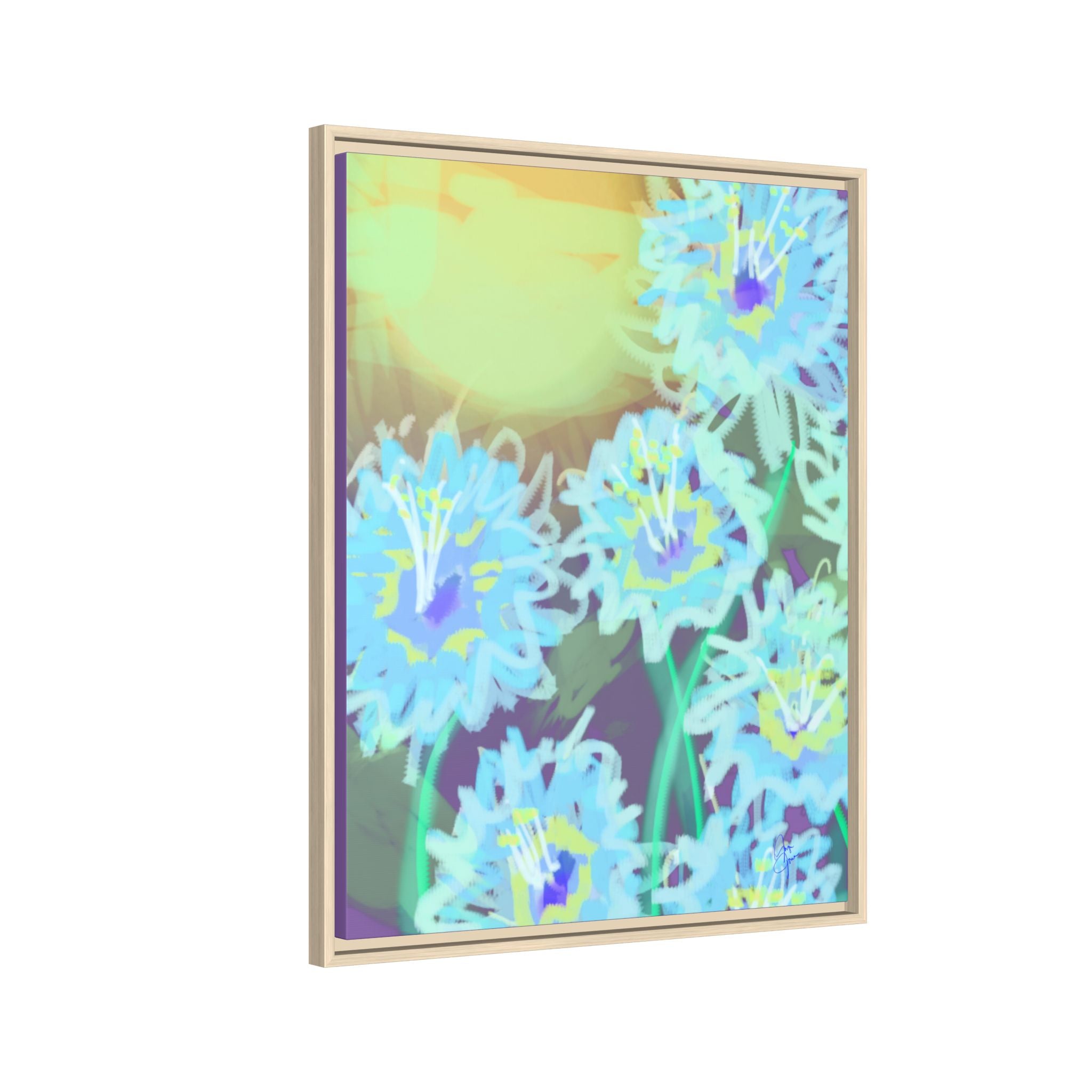 Framed Floral Canvas Art — Blue & Yellow Abstract Bouquet (Matte)