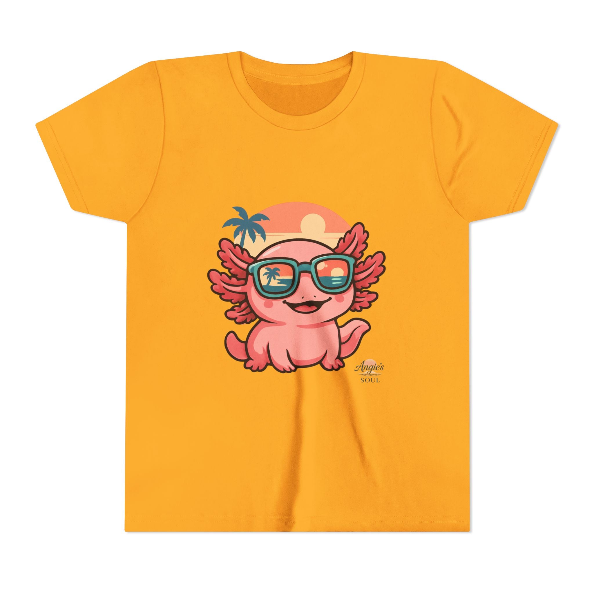 Axolotl Sunset Kids Tee — Cute Sunglasses Beach Axolotl Youth T-Shirt