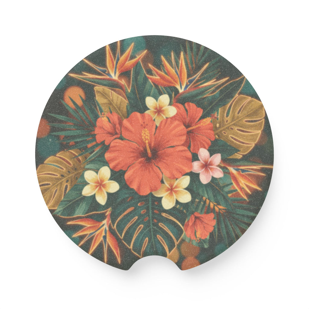 Tropical Hibiscus Soapstone Car Coaster — Floral Car Cupholder Mat