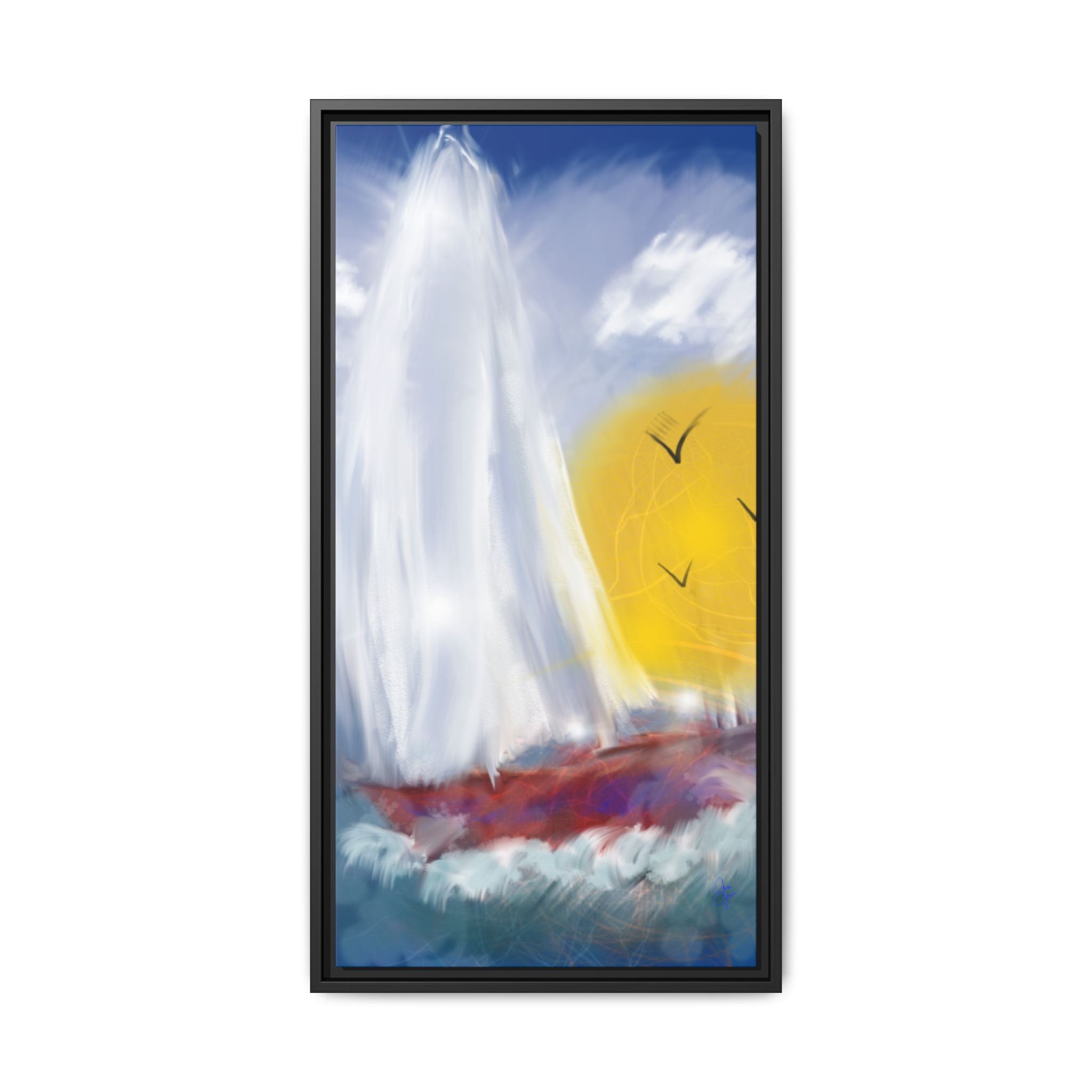 Sailboat Sunset Matte Framed Canvas Print — Coastal Seascape Wall Art