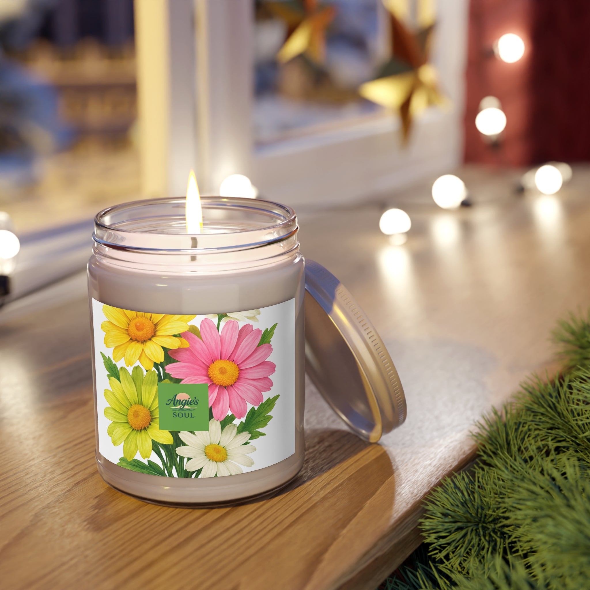 Floral Soy Candle 9oz — Scented Jar Candle with Pink & Yellow Daisy Design