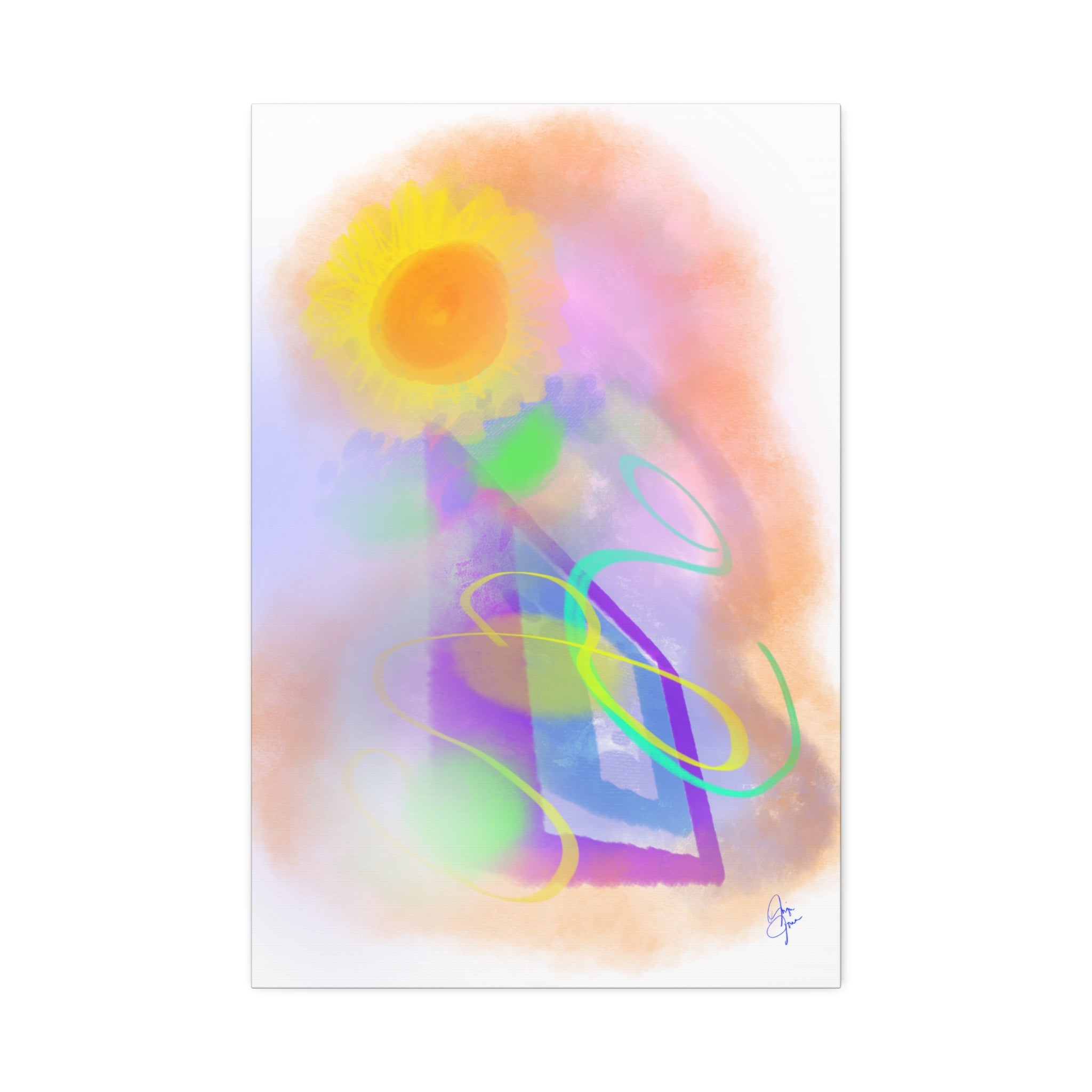 Abstract Sunrise Canvas Wall Art – Bright Pastel Sun & Swirls (1.5" Stretched)