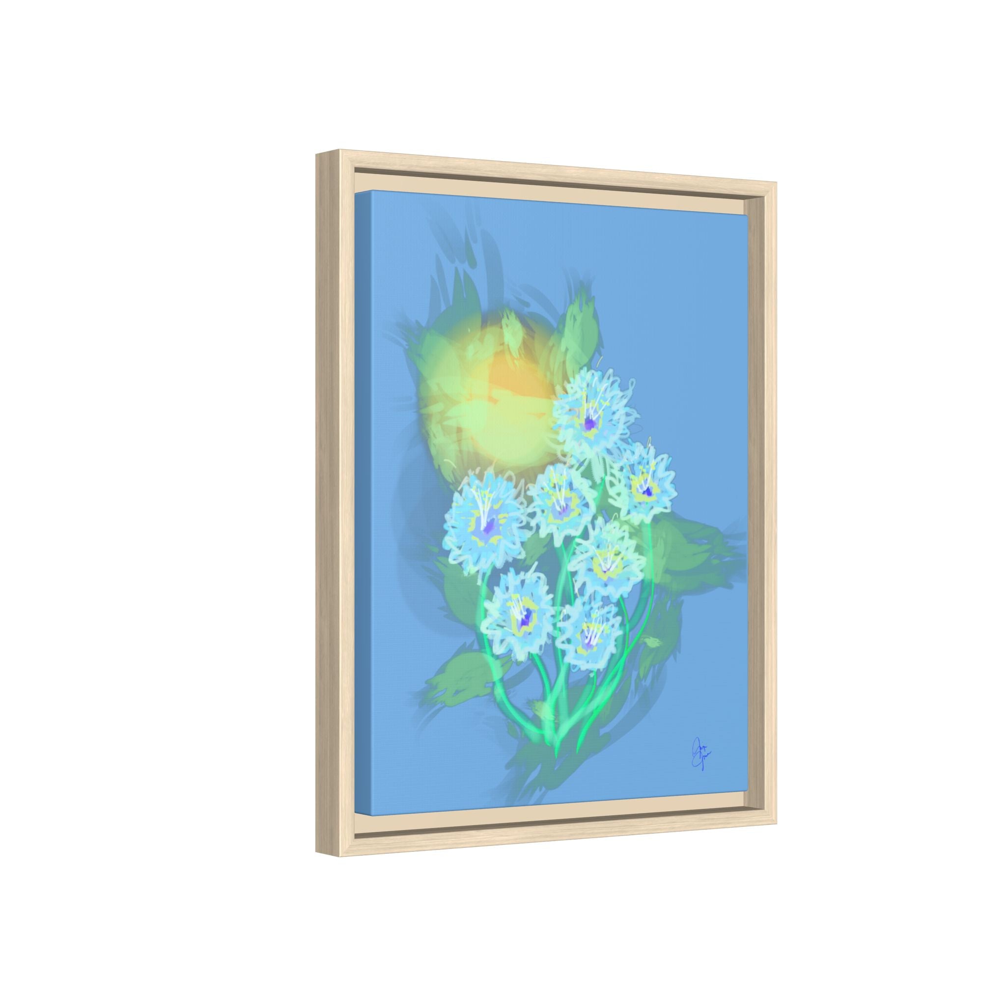 Framed Floral Canvas Art — Blue & Yellow Abstract Bouquet (Matte)