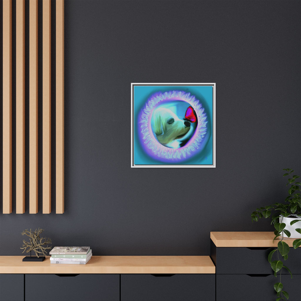 Framed Matte Canvas - Puppy with Butterfly Pop Art