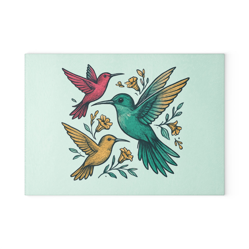Hummingbird Floral Glass Cutting Board — Decorative Kitchen Prep Board