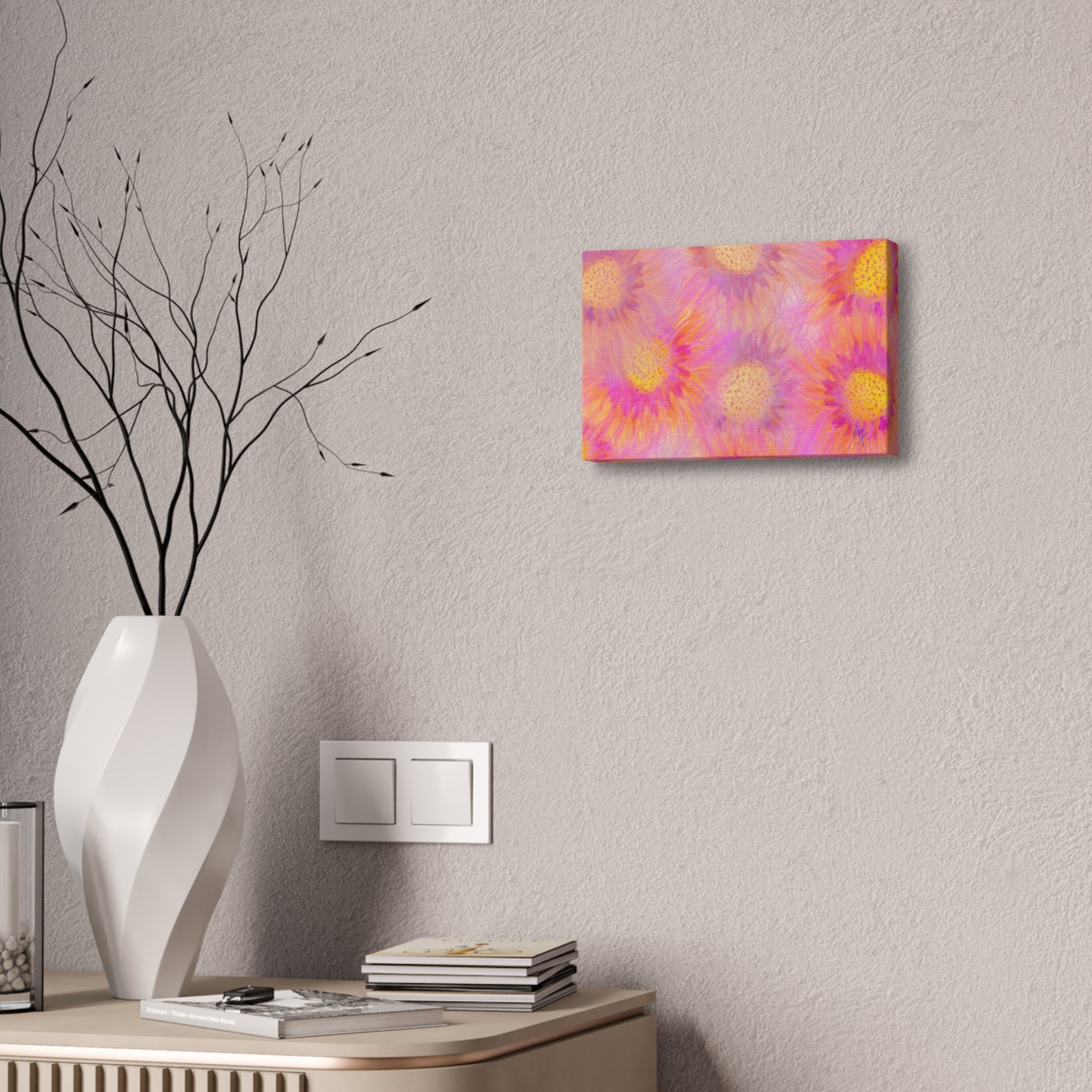 Sunburst Floral Canvas Wall Art — Pink & Yellow Abstract Sunflower Print