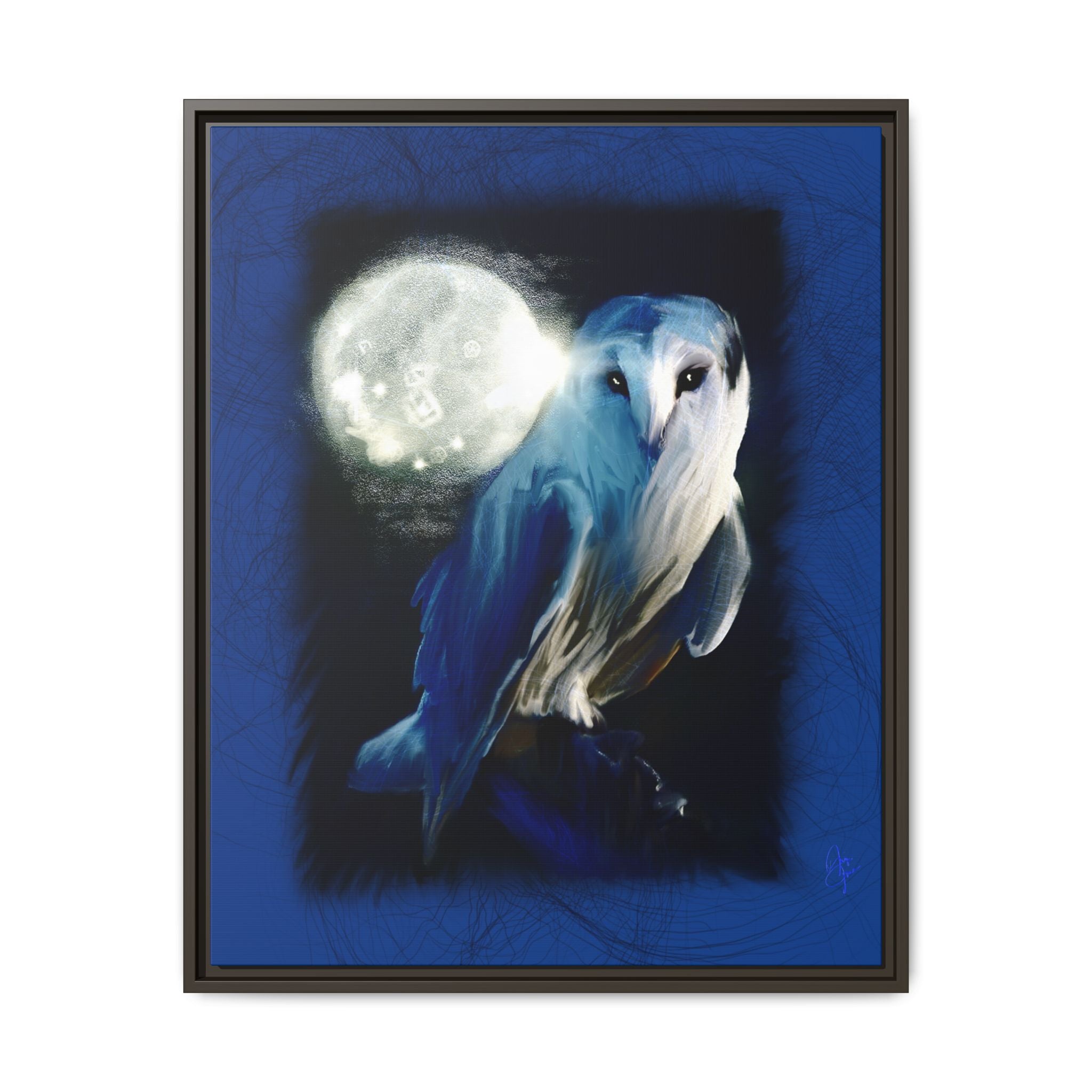 Moonlight Owl Matte Framed Canvas — Mystical Blue Owl Wall Art