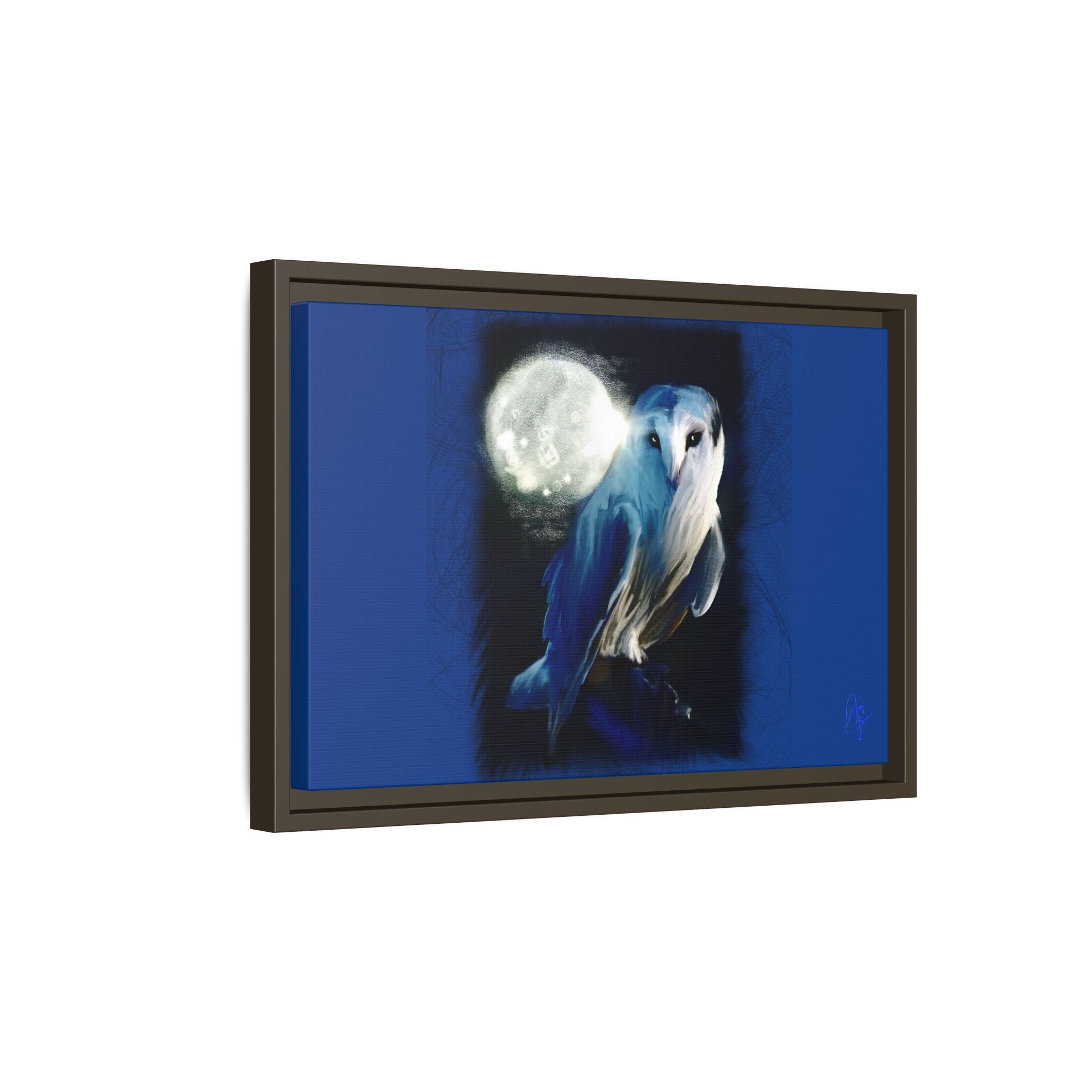 Moonlight Owl Matte Framed Canvas — Mystical Blue Owl Wall Art