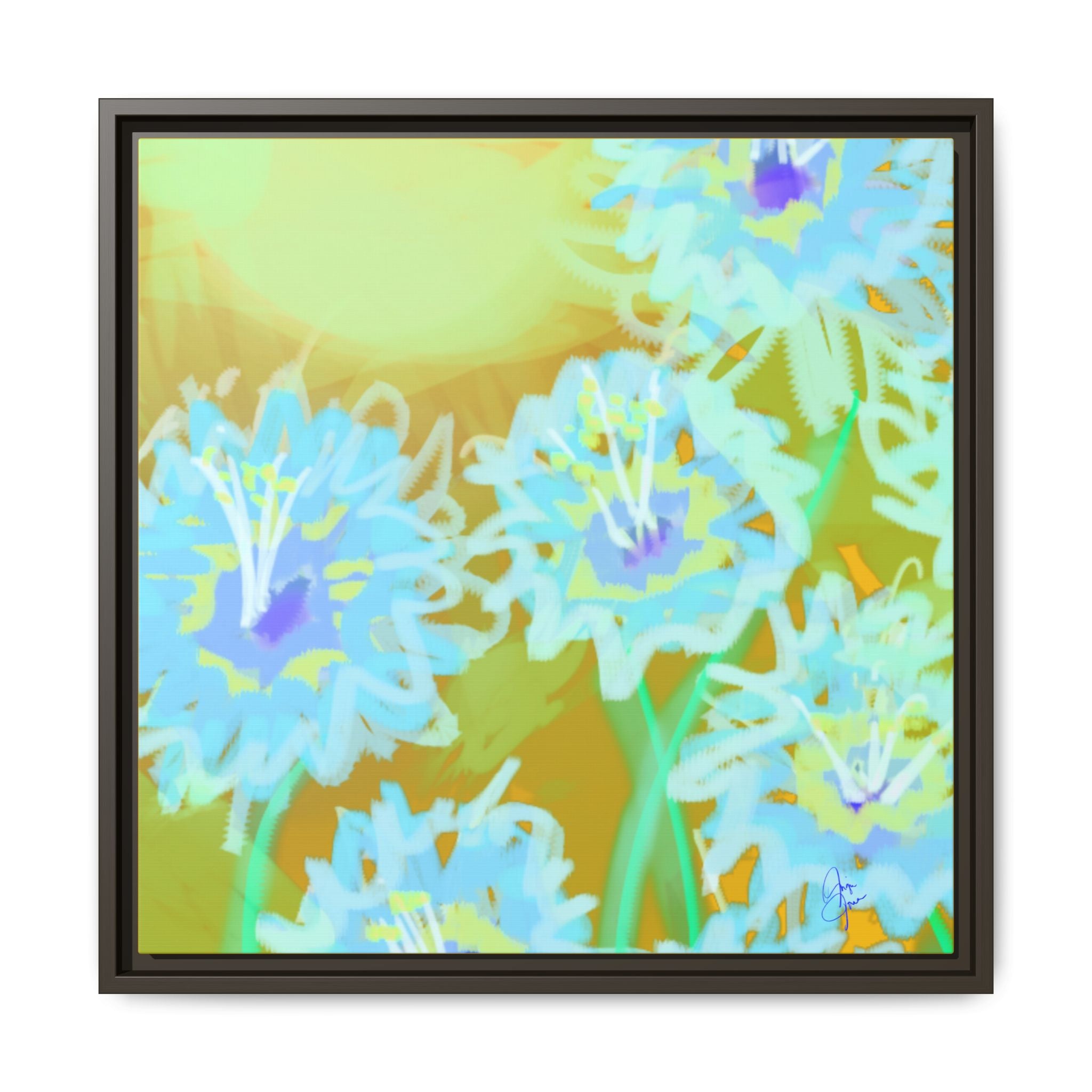 Framed Floral Canvas Art — Blue & Yellow Abstract Bouquet (Matte)