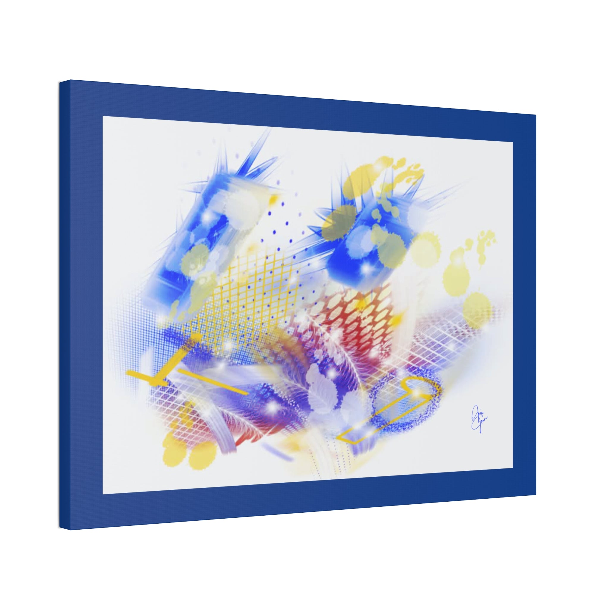 Abstract Blue & Yellow Art Canvas Print — Stretched 1.5" with Red Border