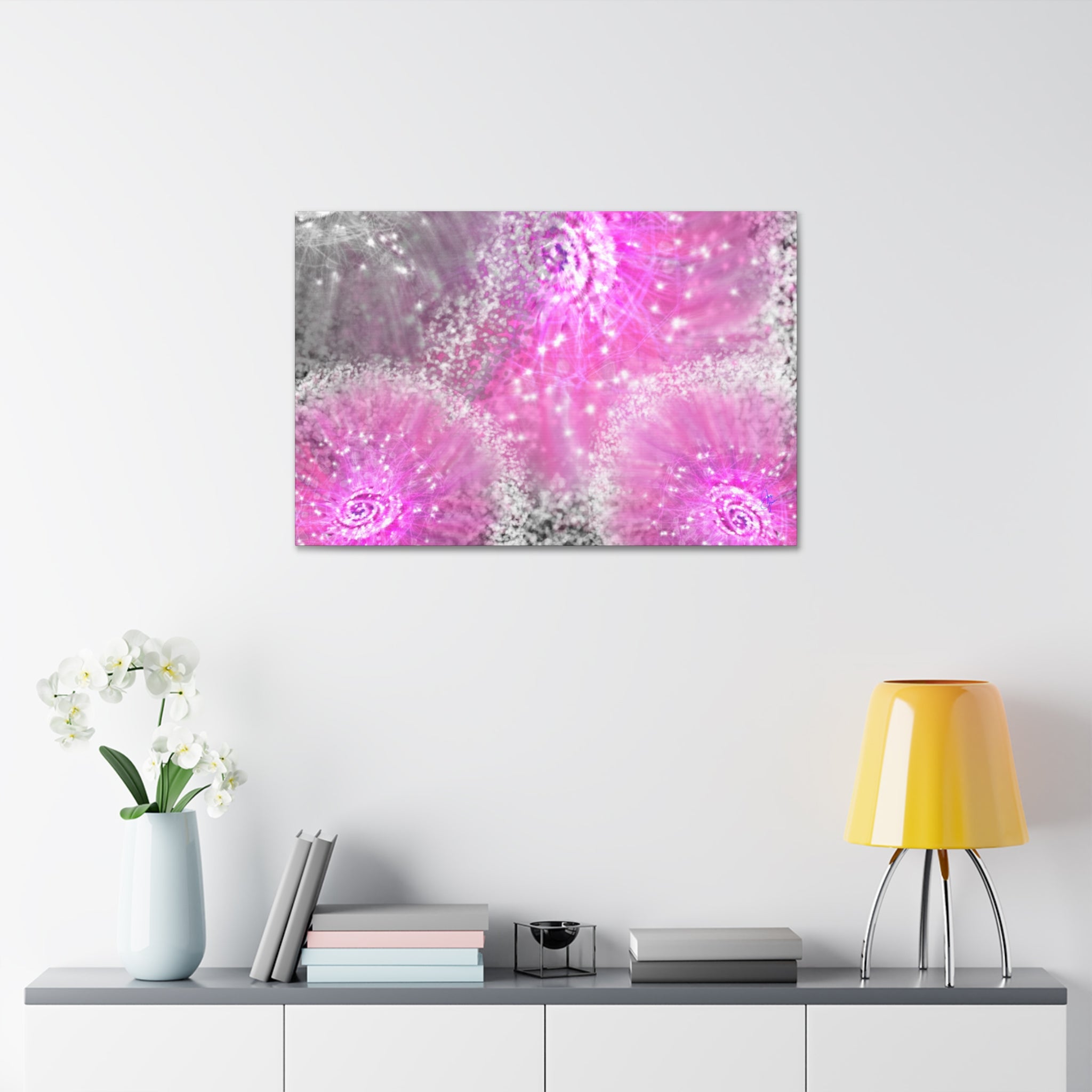 Pink Sparkle Floral Canvas Print — Abstract Dandelion Wall Art (Stretched 1.5")