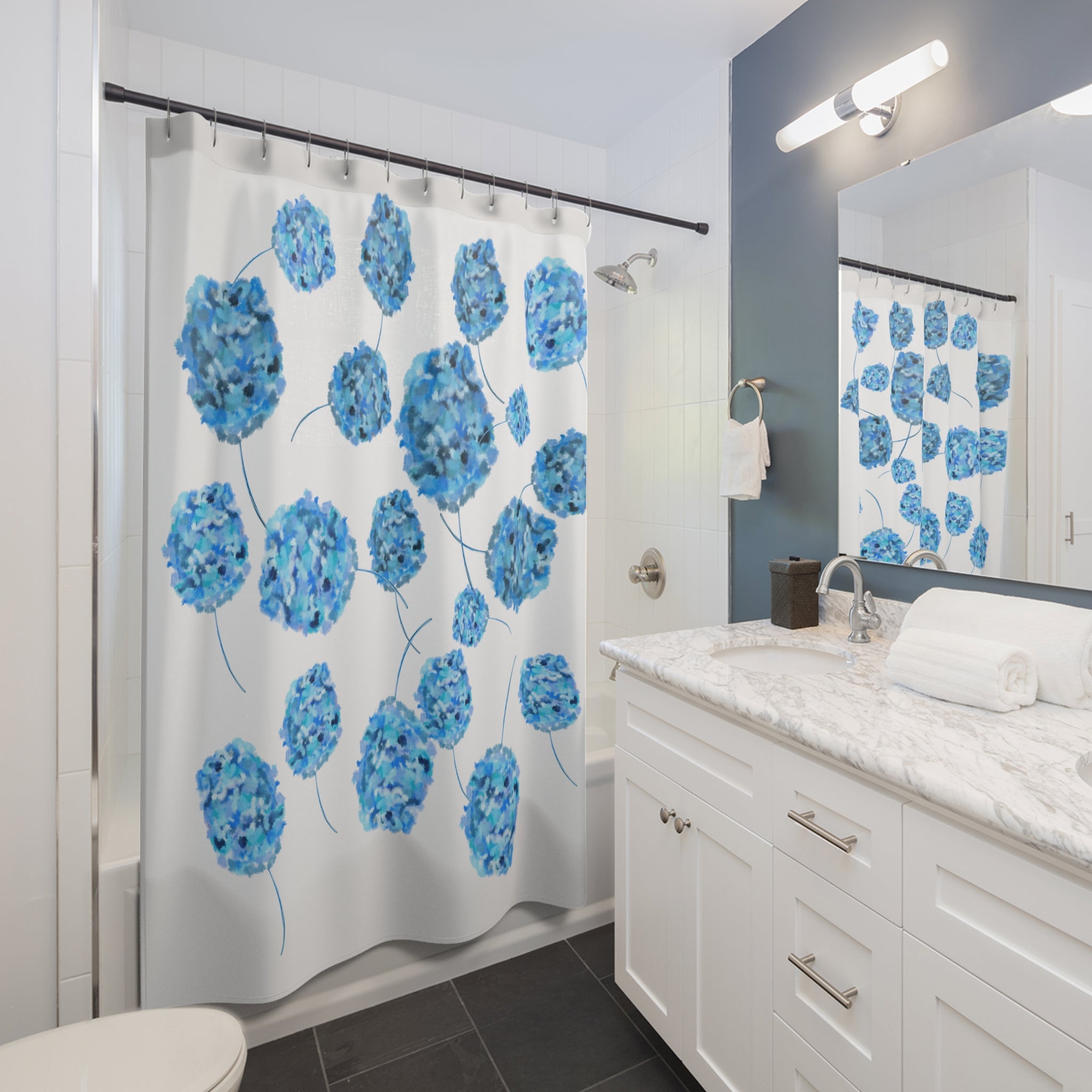 Blue Hydrangea Shower Curtain — Floral Bathroom Decor