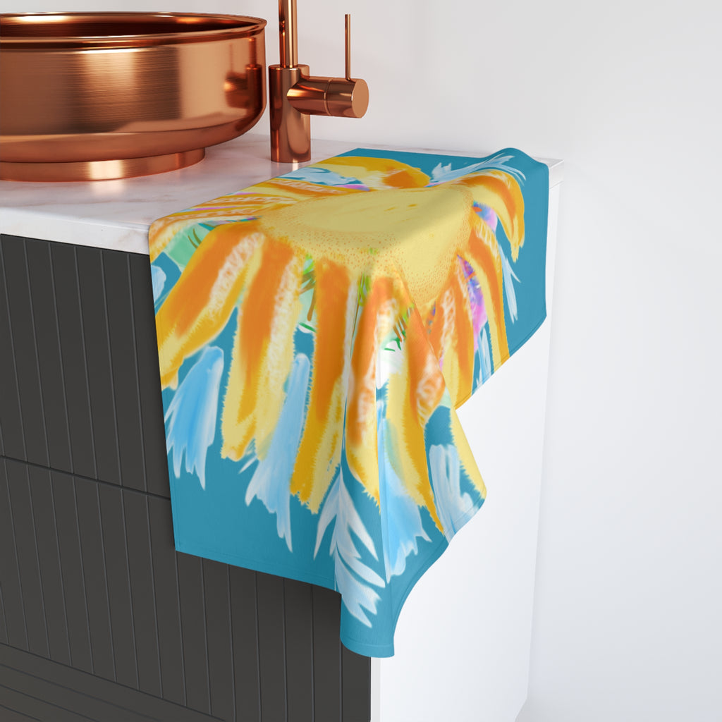 Sunburst Floral Hand Towel — Bright Watercolor Sunflower Kitchen & Bath Towel
