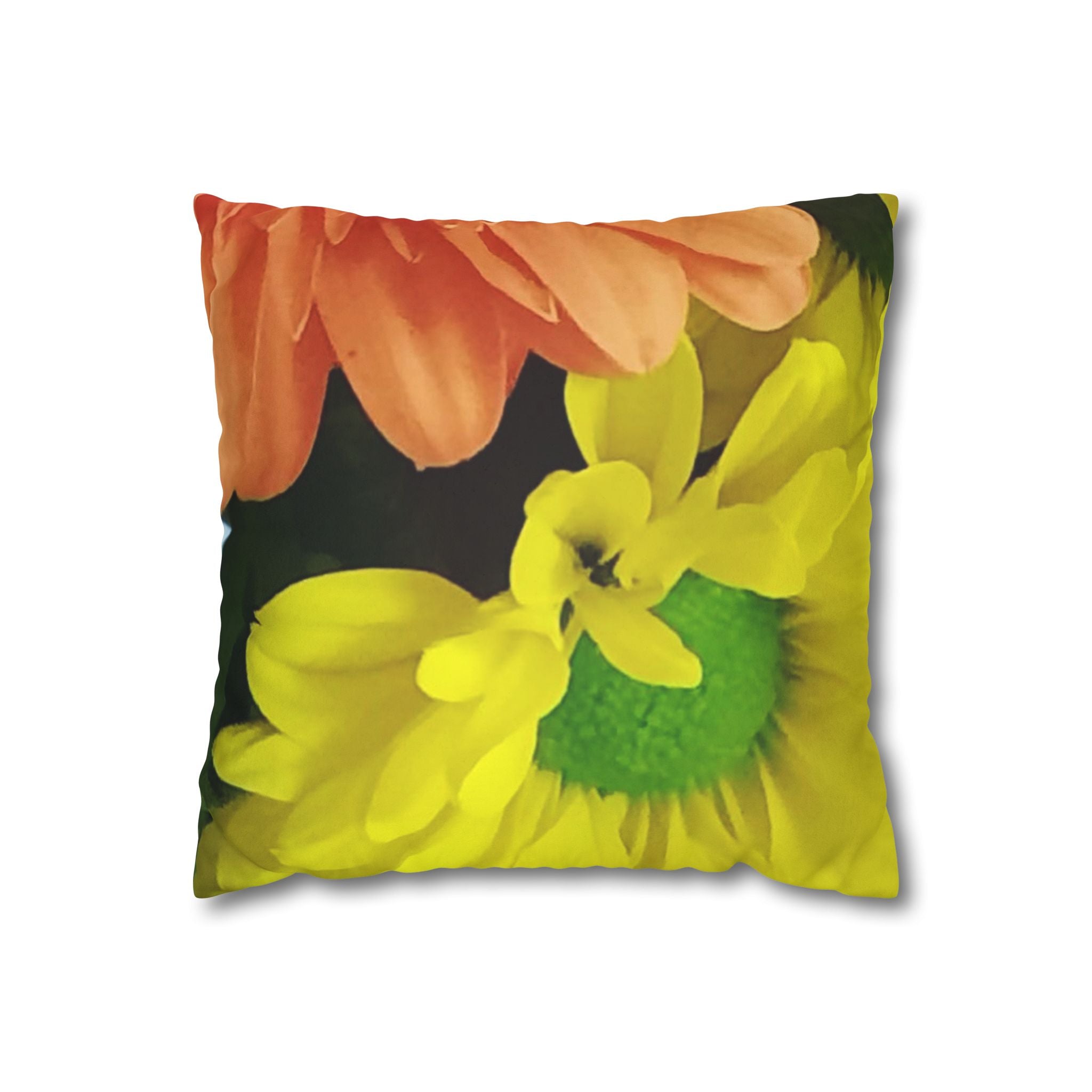 Floral Faux Suede Pillowcase — Yellow & Peach Daisy Accent Cushion Cover
