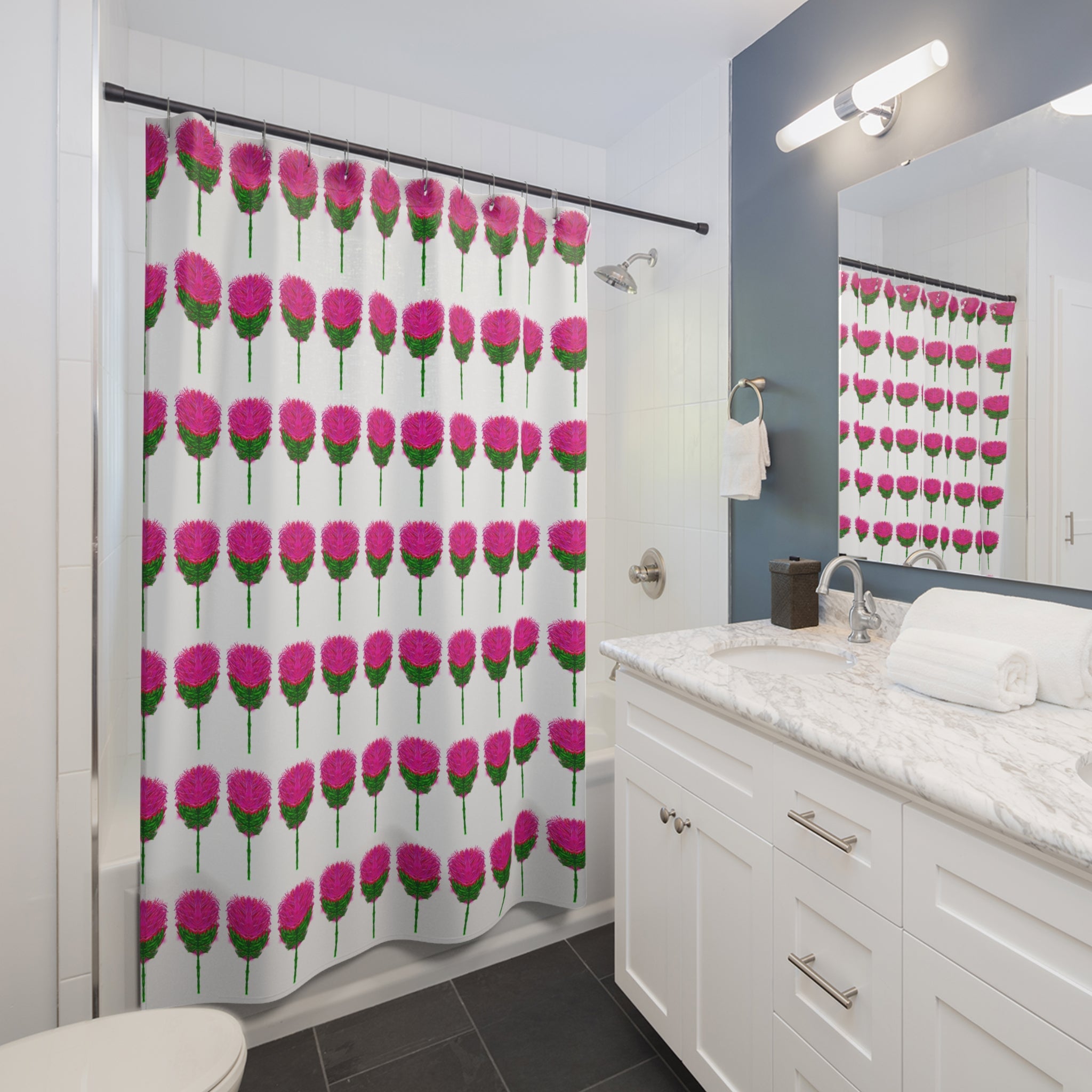 Pink Thistle Pattern Shower Curtain — Floral Botanical Bathroom Decor