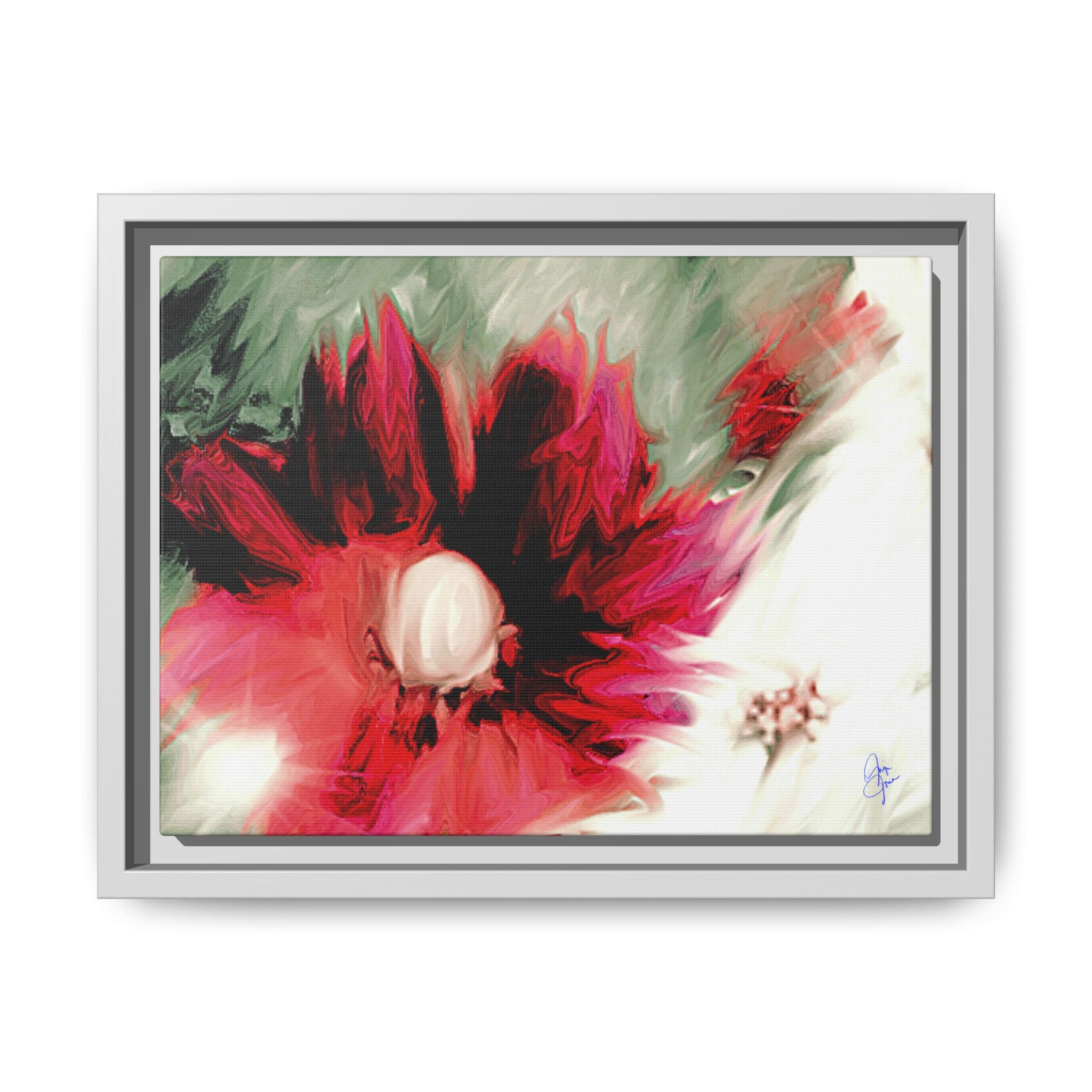 Framed Matte Canvas Print — Blurred Red & White Floral Art