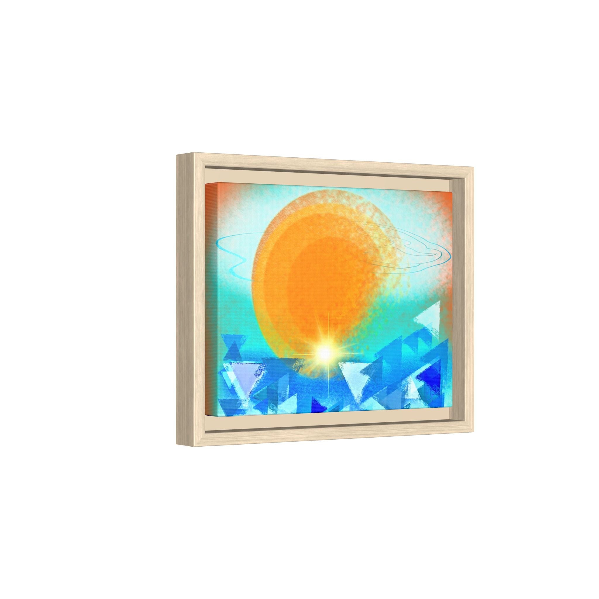 Abstract Sunrise Framed Canvas Art – Orange Sun Over Blue Geometric Waves