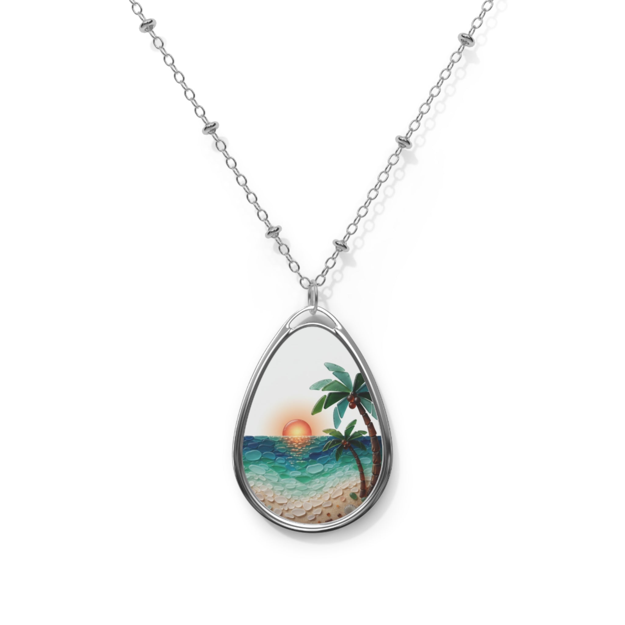 Sunset Beach Oval Necklace — Palm Tree Seascape Pendant