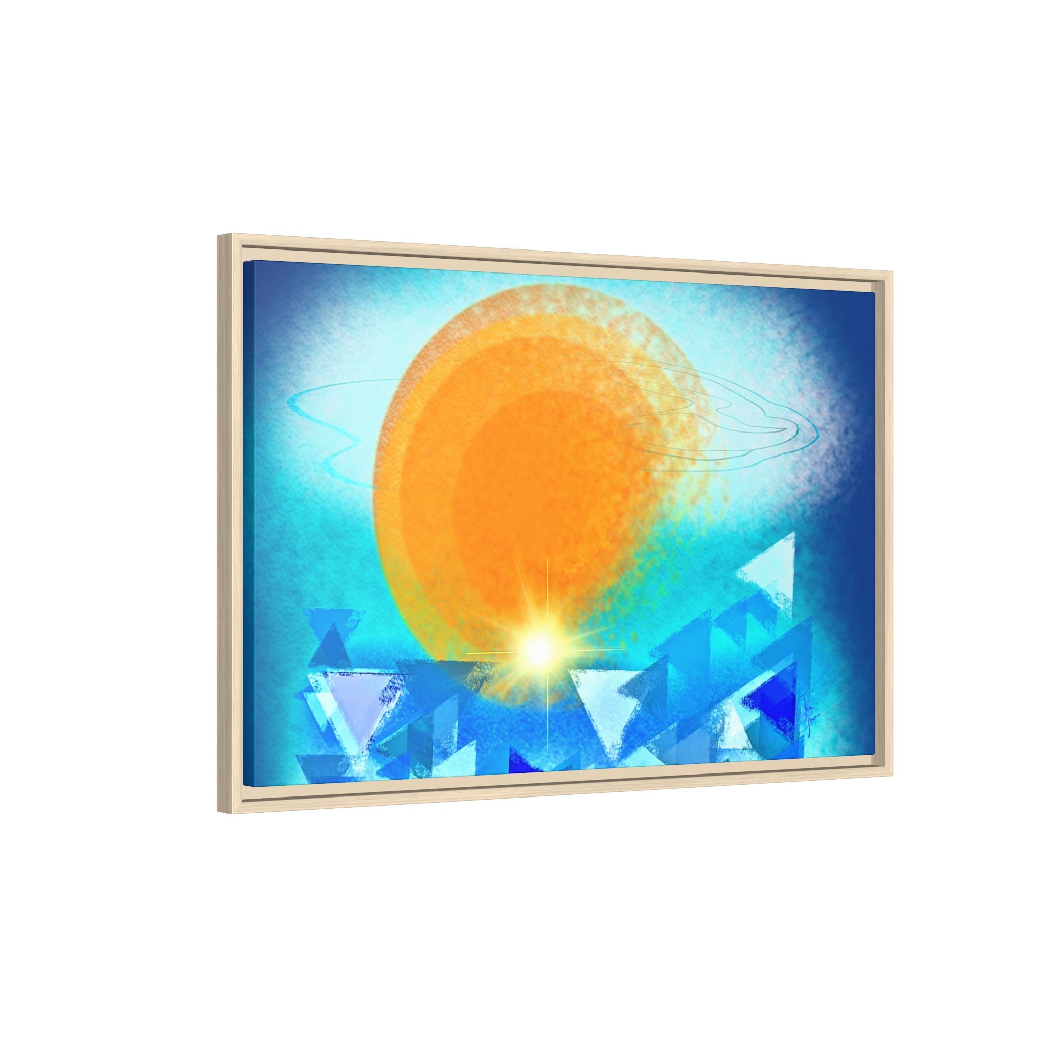 Abstract Sunrise Framed Canvas Art – Orange Sun Over Blue Geometric Waves
