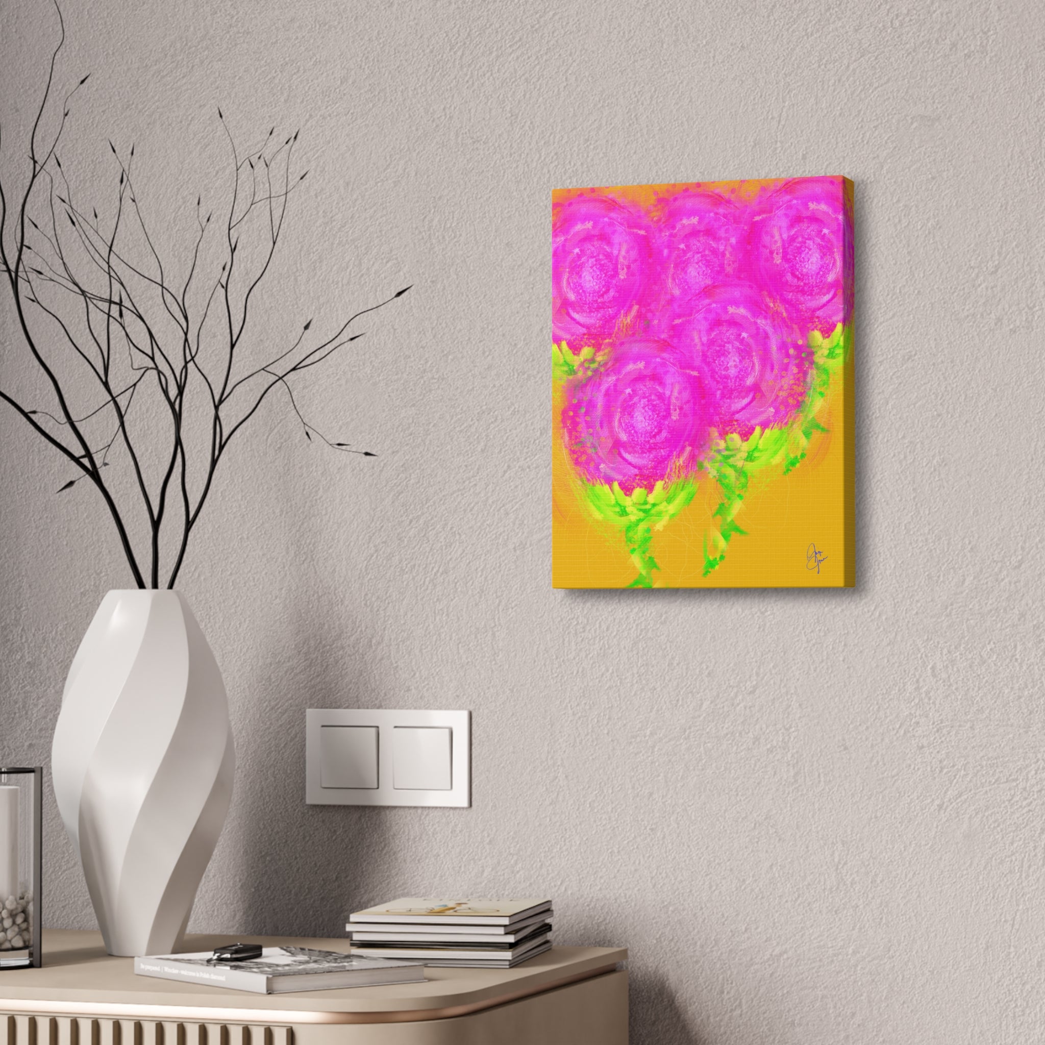 Bright Pink Floral Canvas Print — Modern Abstract Rose Wall Art (Stretched Canvas)