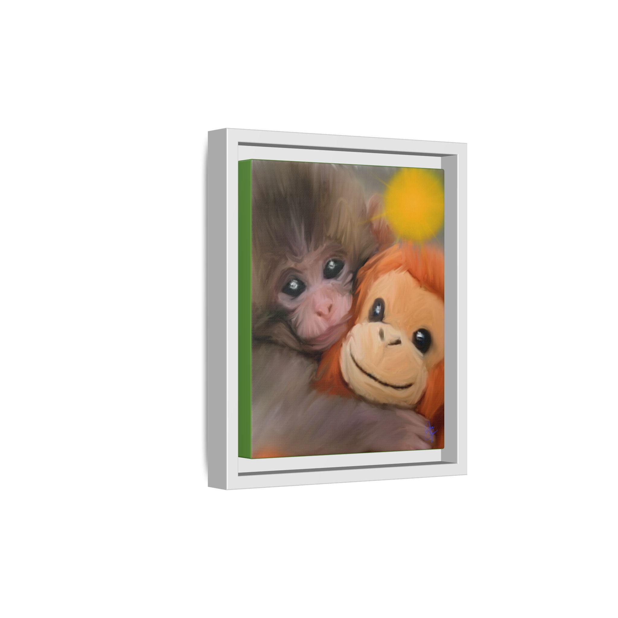 Framed Matte Canvas Print — Baby Monkey & Plush Orangutan Wall Art