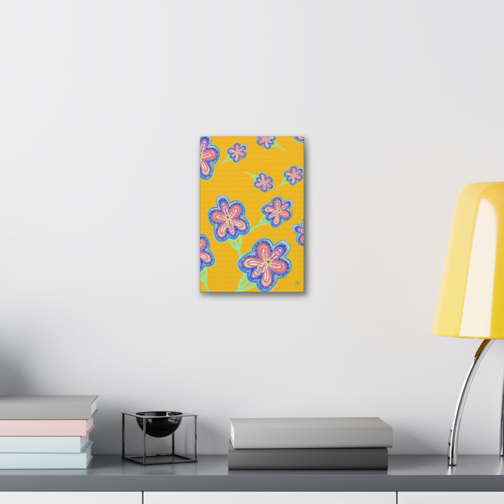 Floral Pop Canvas — Bright Blue Hand-Drawn Flowers Stretched Canvas