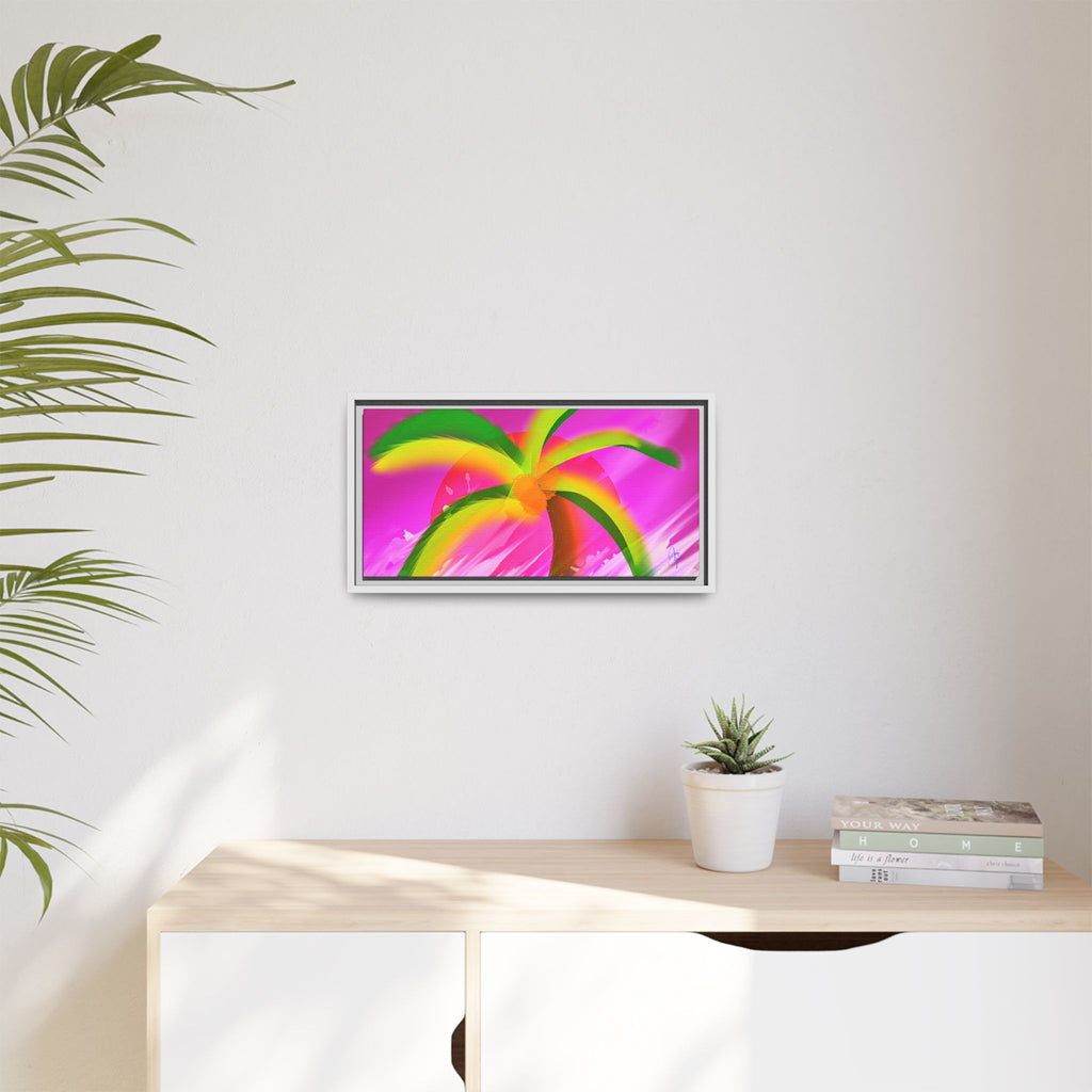 Framed Matte Canvas Print — Neon Palm Beach Art