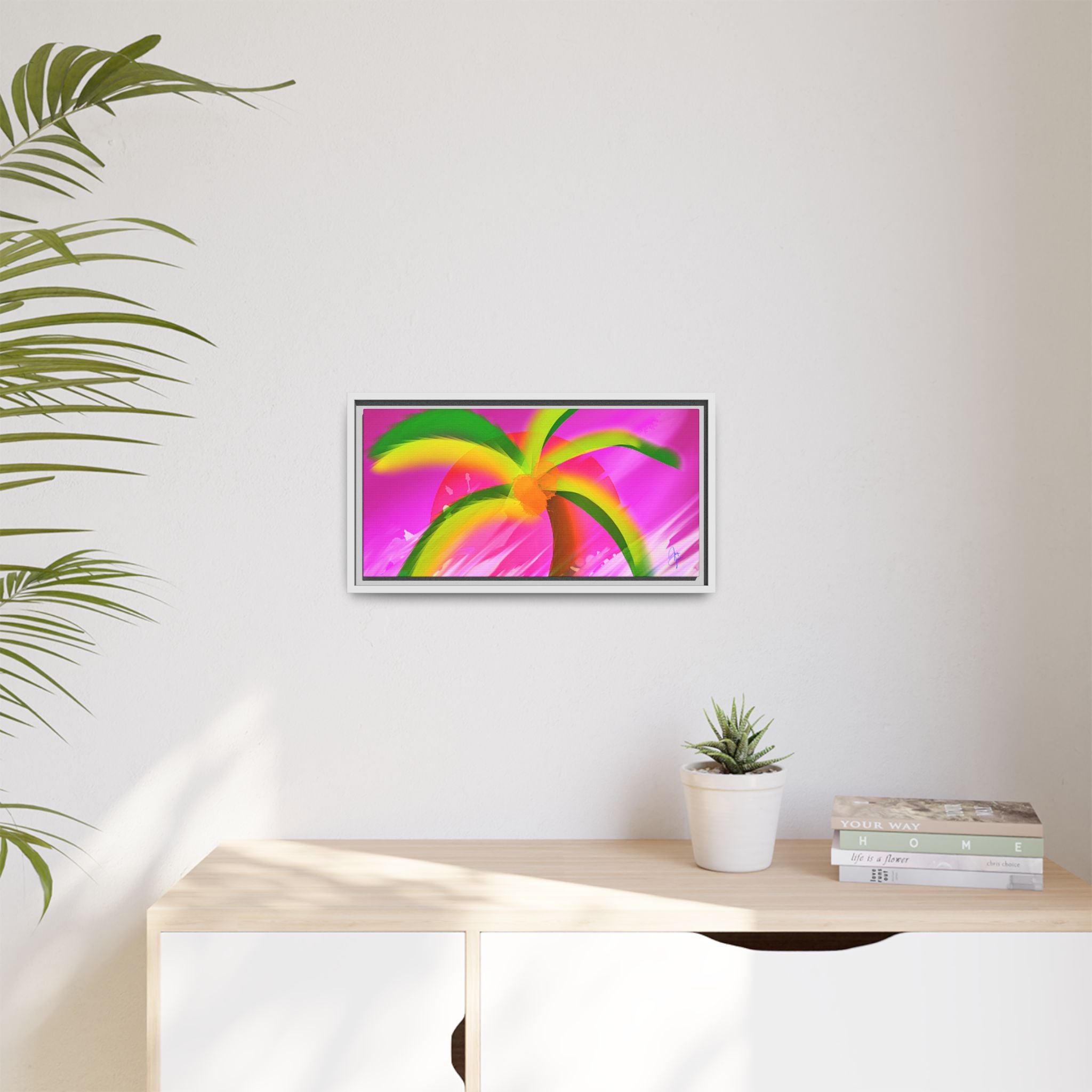 Framed Matte Canvas Print — Neon Palm Beach Art