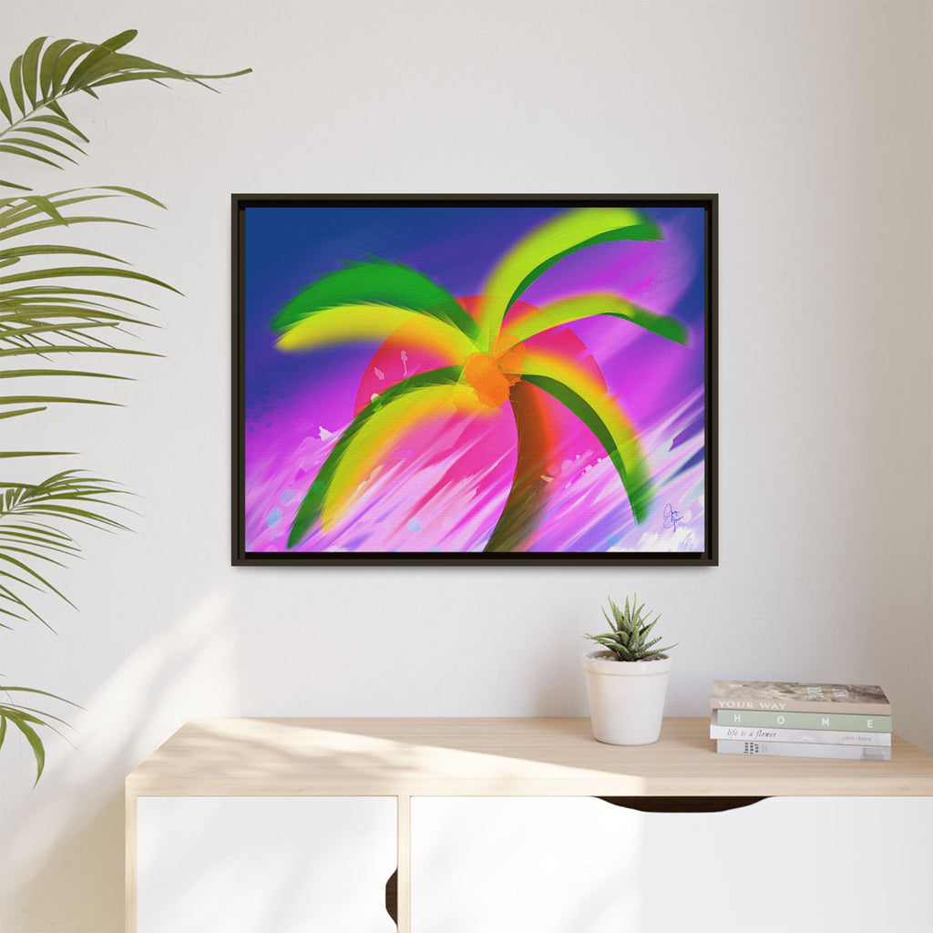 Framed Matte Canvas Print — Neon Palm Beach Art