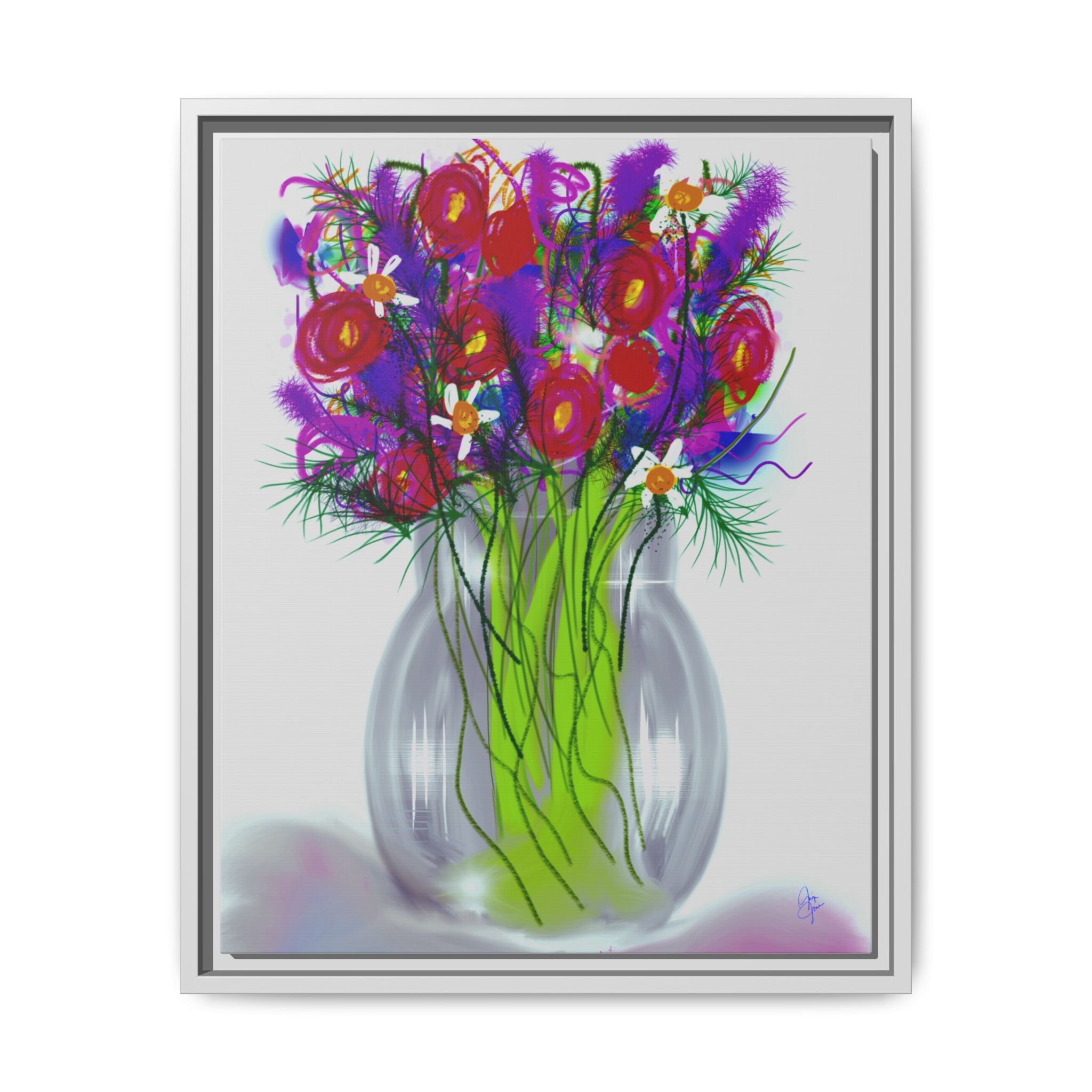 Framed Floral Bouquet Matte Canvas Wall Art — Colorful Abstract Flowers in Vase