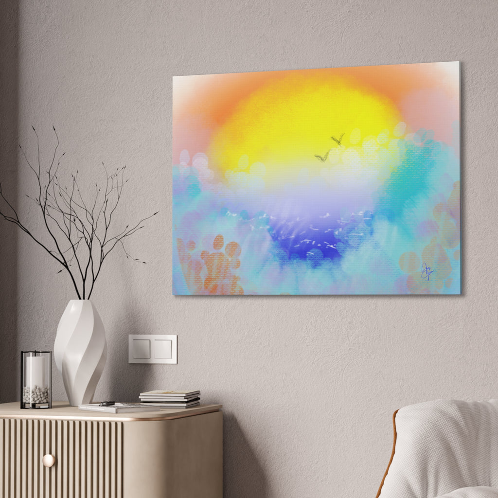 Sunrise Seascape Canvas Wall Art – Pastel Ocean Waves with Birds