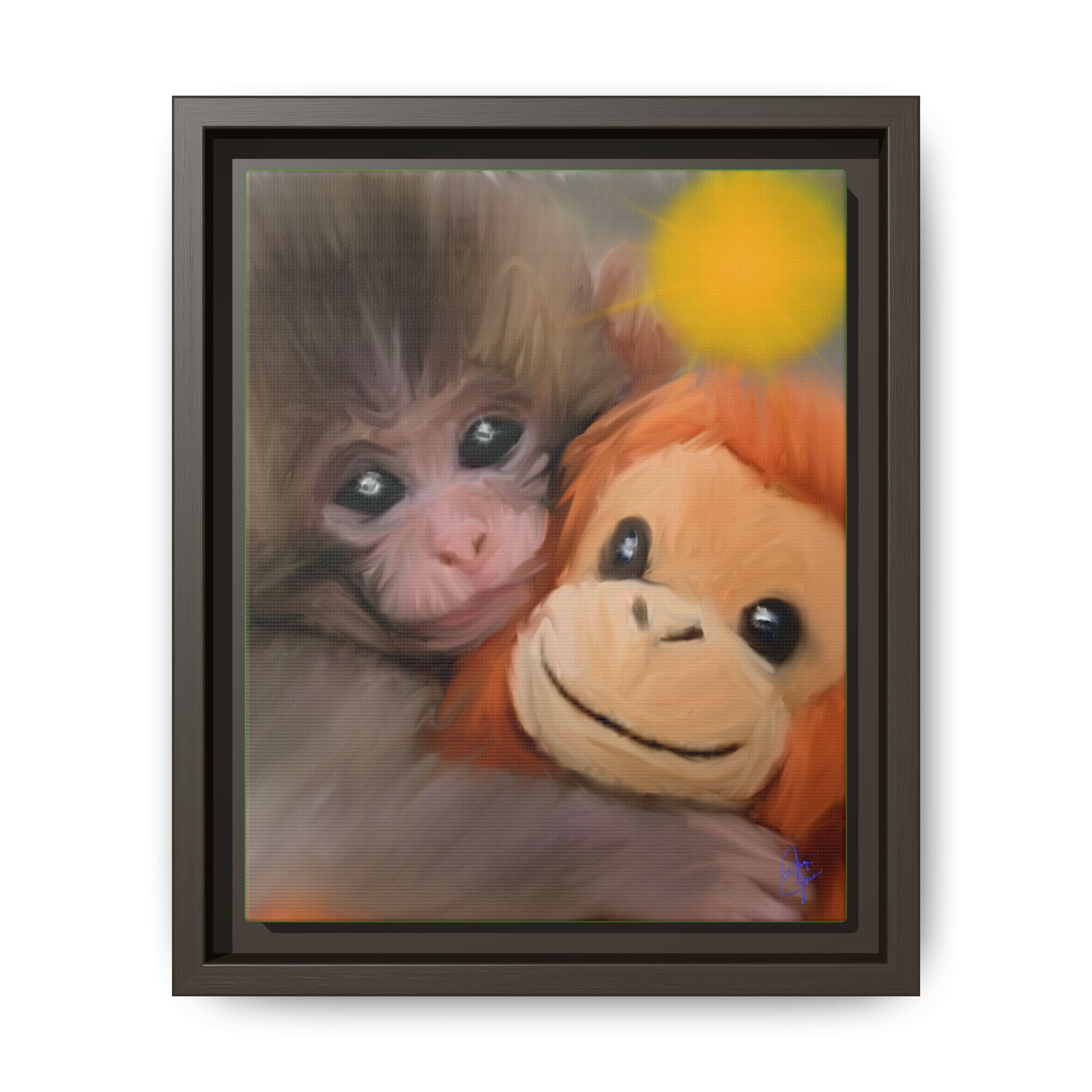 Framed Matte Canvas Print — Baby Monkey & Plush Orangutan Wall Art
