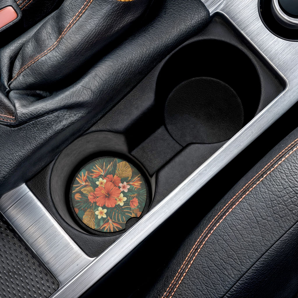 Tropical Hibiscus Soapstone Car Coaster — Floral Car Cupholder Mat