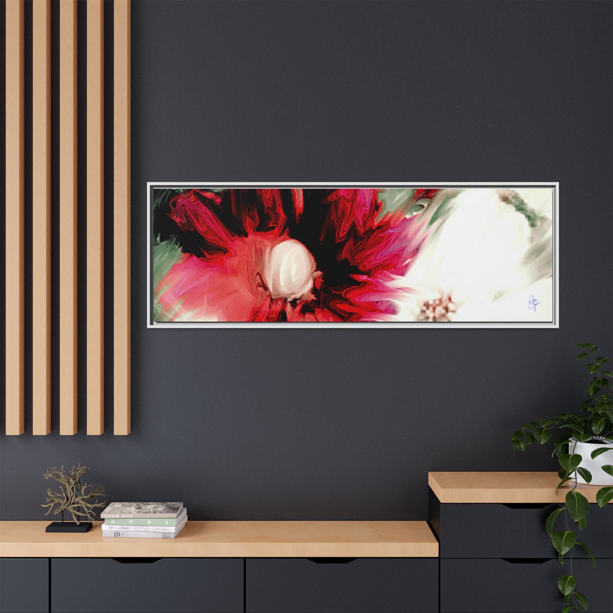 Framed Matte Canvas Print — Blurred Red & White Floral Art