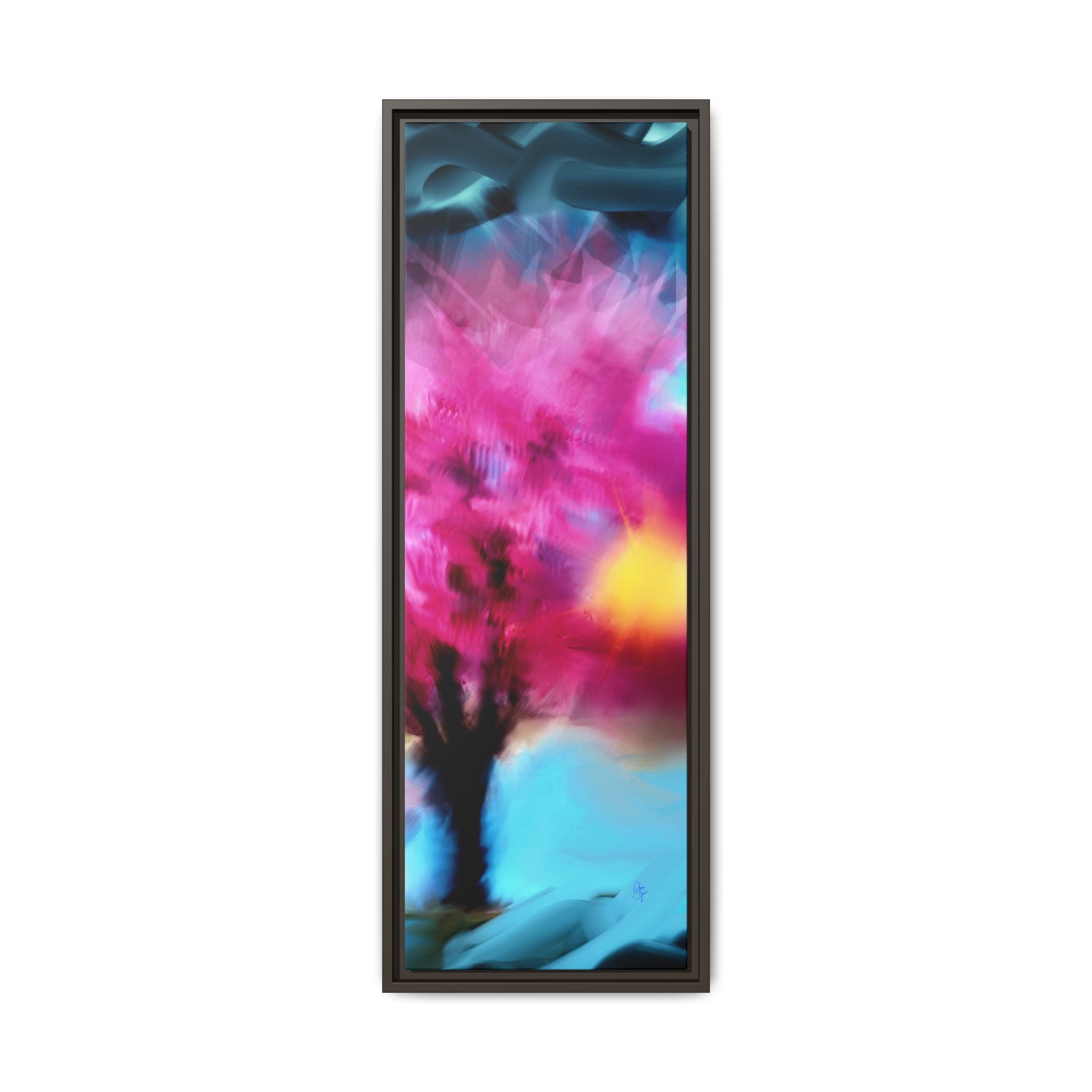 Framed Abstract Blossom Canvas — Vertical Pink & Blue Wall Art
