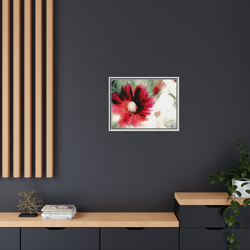 Framed Matte Canvas Print — Blurred Red & White Floral Art