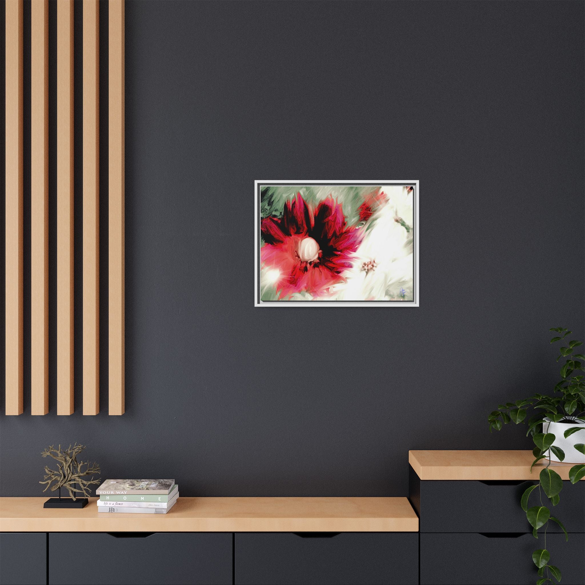 Framed Matte Canvas Print — Blurred Red & White Floral Art